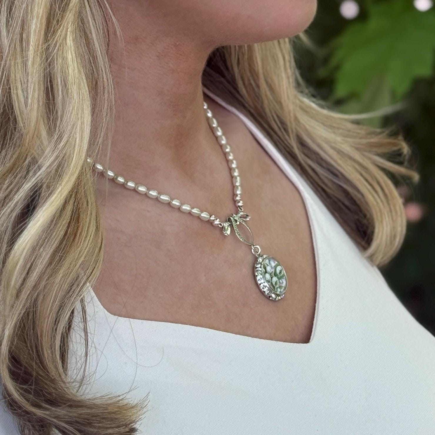 18th Anniversary Porcelain Gift for Wife, Lily of the Valley Necklace, Freshwater Pearl Jewelry, Wedding Anniversary