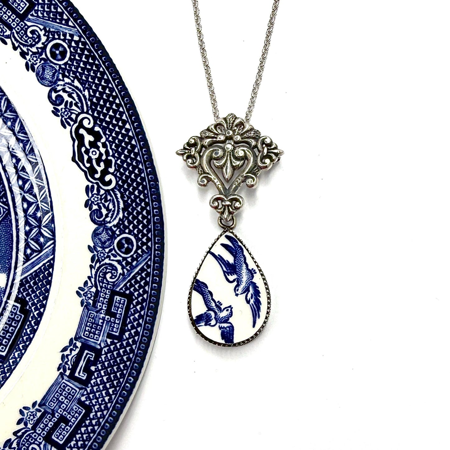20th Wedding Anniversary Gift for Wife, Adjustable Sterling Silver Necklace/Brooch, Blue Willow China Love Birds