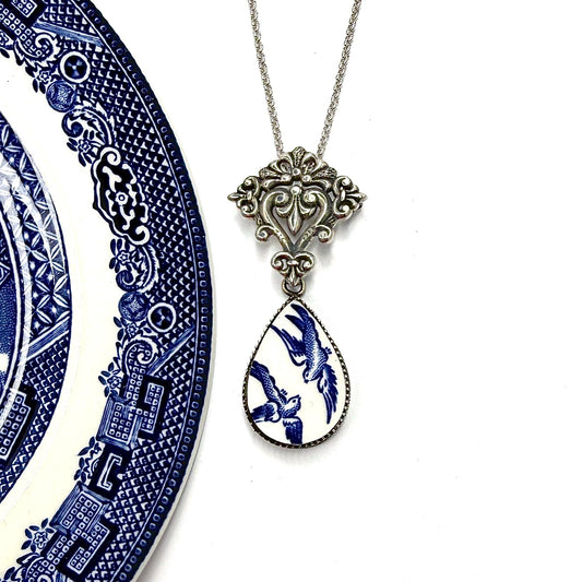 20th Wedding Anniversary Gift for Wife, Adjustable Sterling Silver Necklace/Brooch, Blue Willow China Love Birds