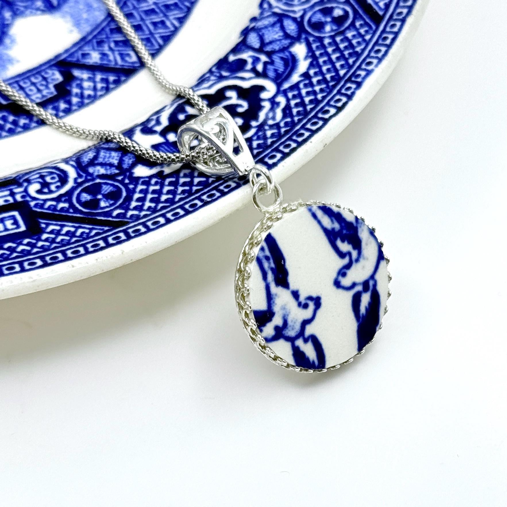 One-of-a-Kind Love Birds Necklace, 20th Anniversary Gift for Wife, Sterling Silver Blue Willow Jewelry, Adjustable
