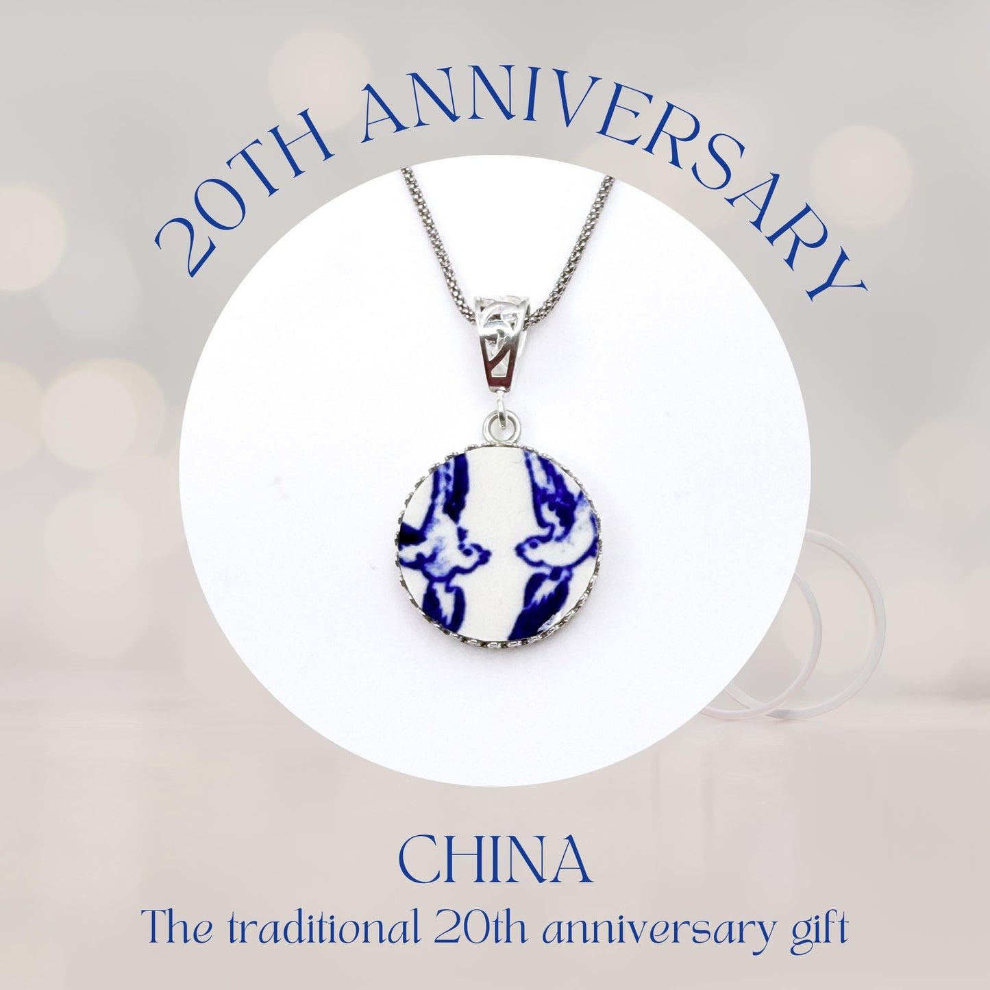 One-of-a-Kind Love Birds Necklace, 20th Anniversary Gift for Wife, Sterling Silver Blue Willow Jewelry, Adjustable