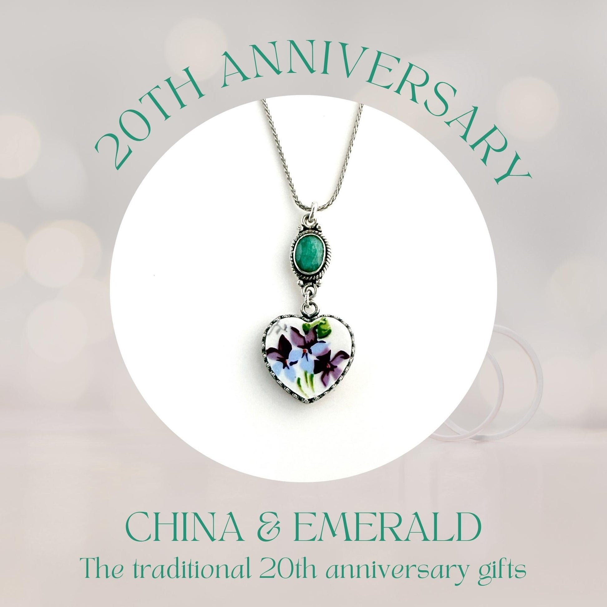 20th Anniversary Emerald and China Gift for Wife, Sterling Silver Violets Necklace, Romantic Broken China Jewelry, Heart Necklace