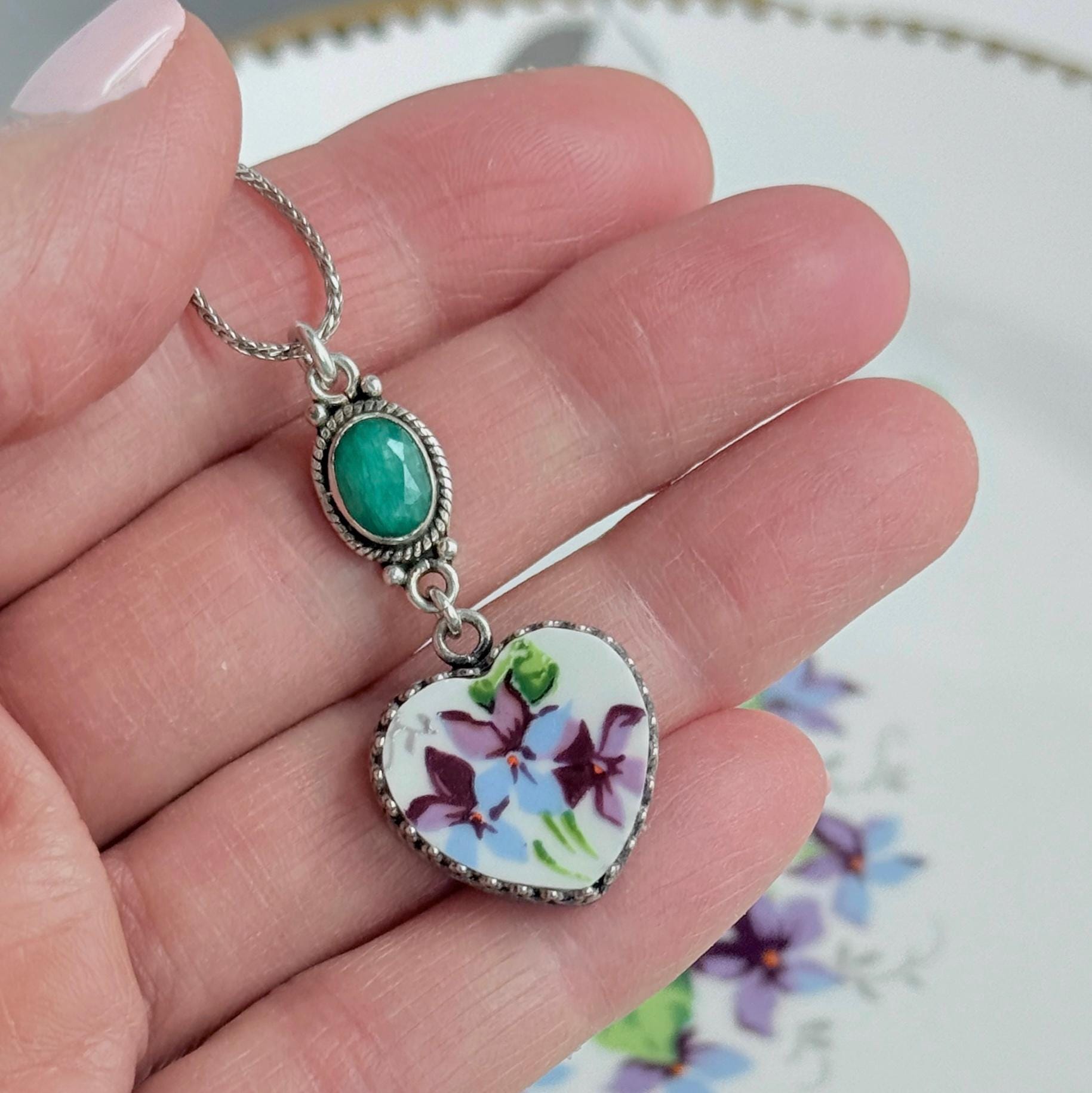20th Anniversary Emerald and China Gift for Wife, Sterling Silver Violets Necklace, Romantic Broken China Jewelry, Heart Necklace