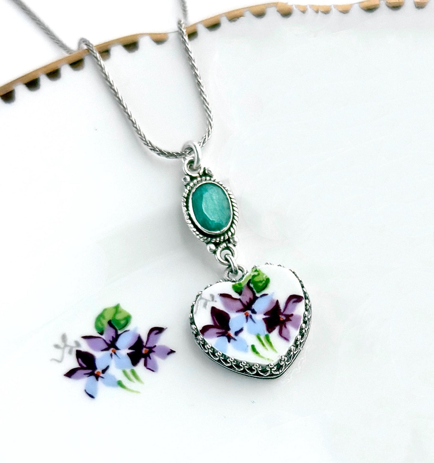 20th Anniversary Emerald and China Gift for Wife, Sterling Silver Violets Necklace, Romantic Broken China Jewelry, Heart Necklace