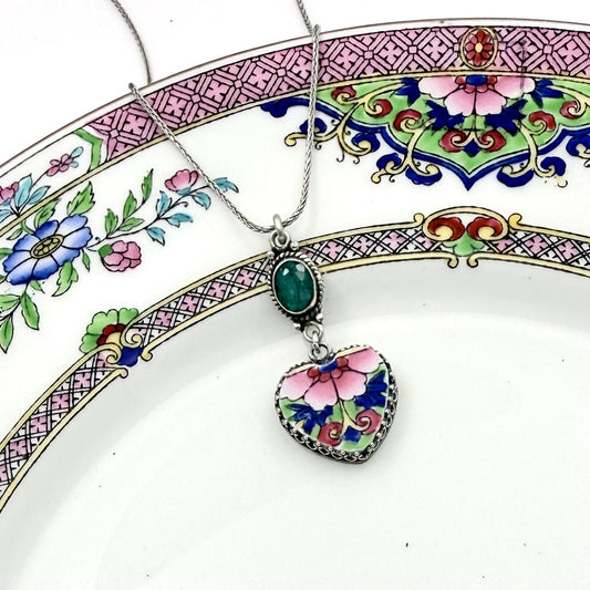 Emerald and China 20th Wedding Anniversary Gift for Wife, Sterling Silver Heart Necklace, Romantic Broken China Jewelry