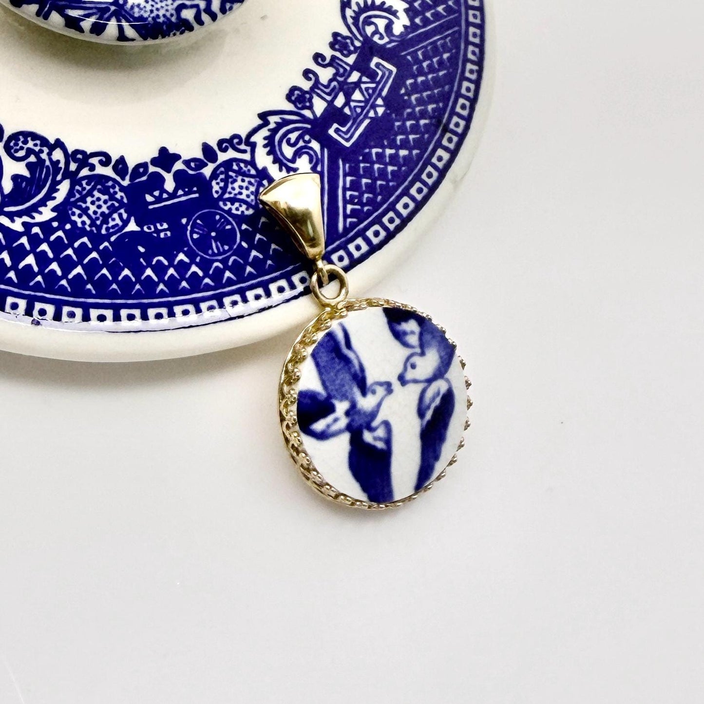 14k Solid Gold Blue Willow Love Birds China Necklace, 20th Wedding Anniversary Gifts for Wife, Broken China Jewelry, Victorian Pendant