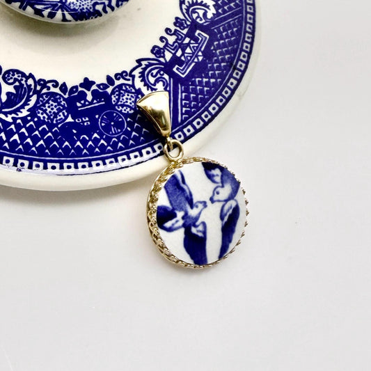 14k Solid Gold Blue Willow Love Birds China Necklace, 20th Wedding Anniversary Gifts for Wife, Broken China Jewelry, Victorian Pendant