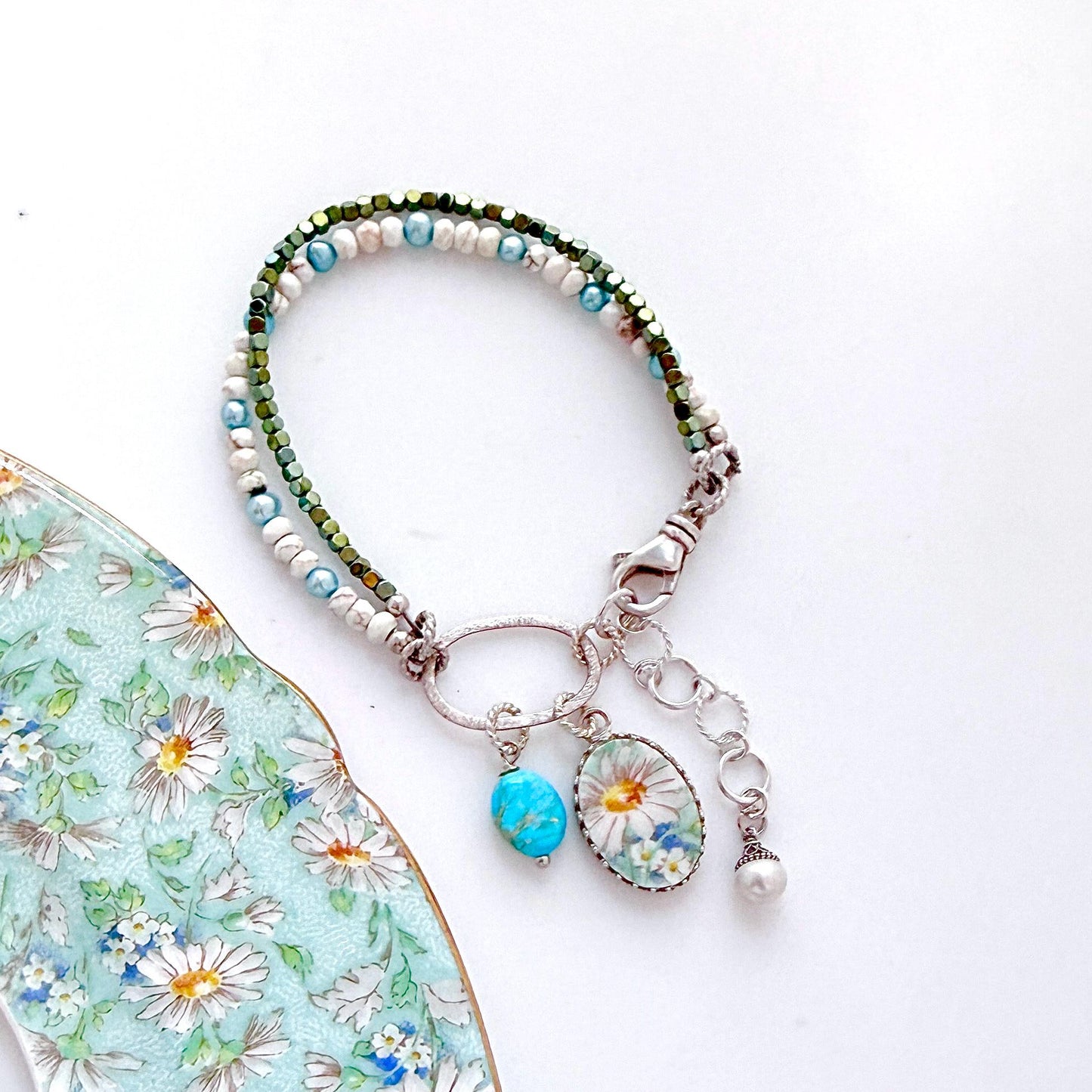 Daisy China Turquoise Bracelet, Unique 18th and 20th Anniversary Gift for Wife, Porcelain Broken China jewelry