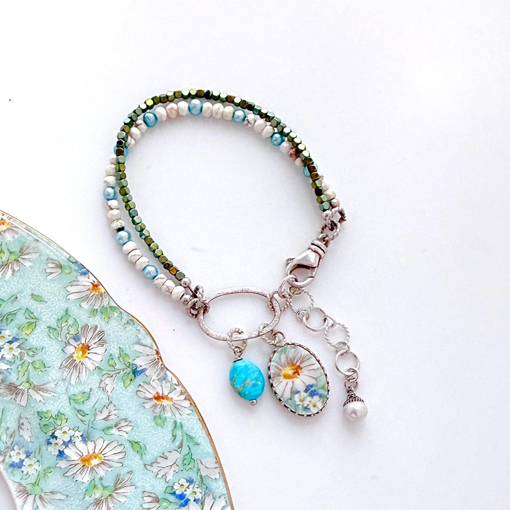 Daisy China Turquoise Bracelet, Unique 18th and 20th Anniversary Gift for Wife, Porcelain Broken China jewelry