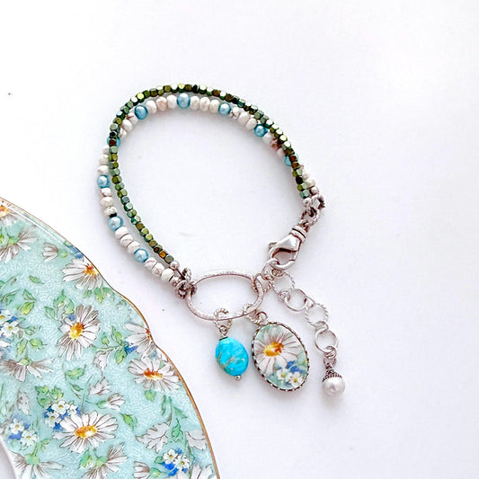 Daisy China Turquoise Bracelet, Unique 18th and 20th Anniversary Gift for Wife, Porcelain Broken China jewelry