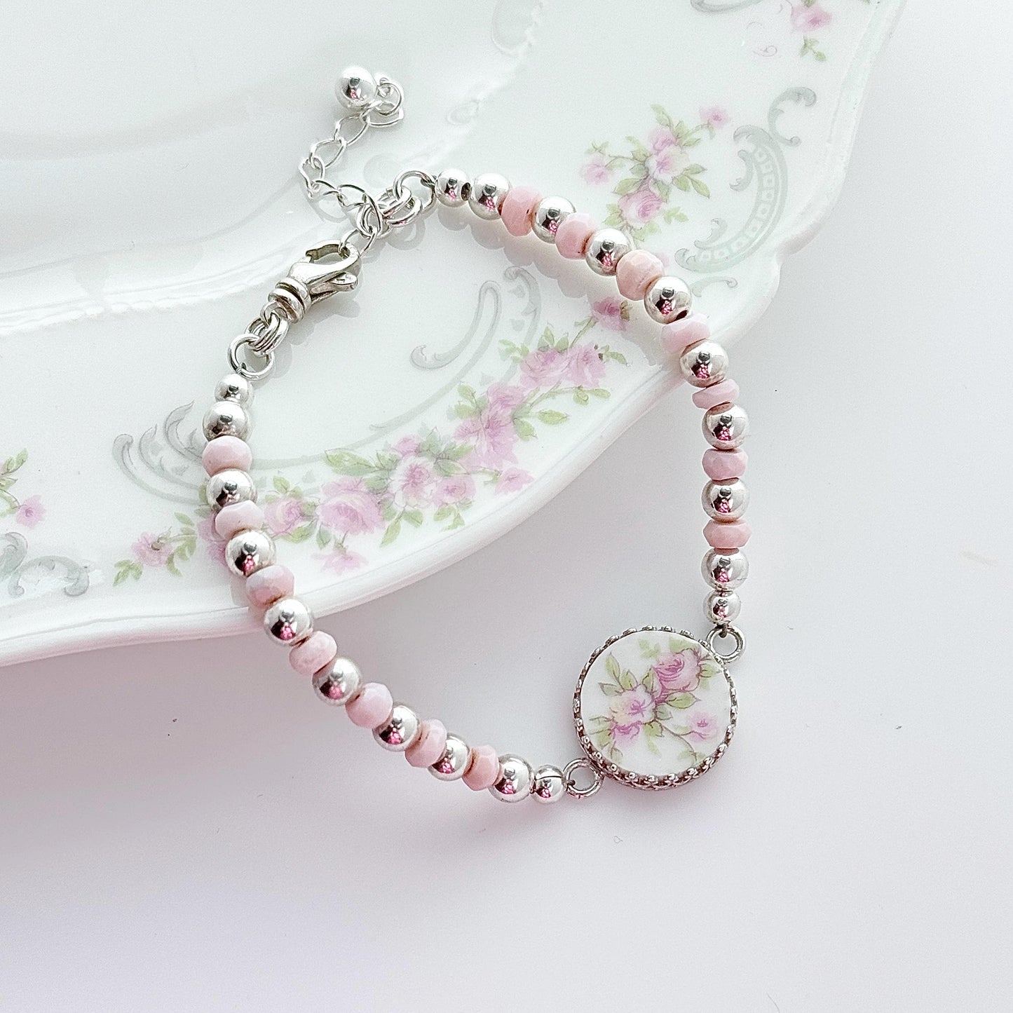 Pink Opal 18th Wedding Anniversary Gift for Wife, Sterling Silver Bracelet, Porcelain Broken China Jewelry