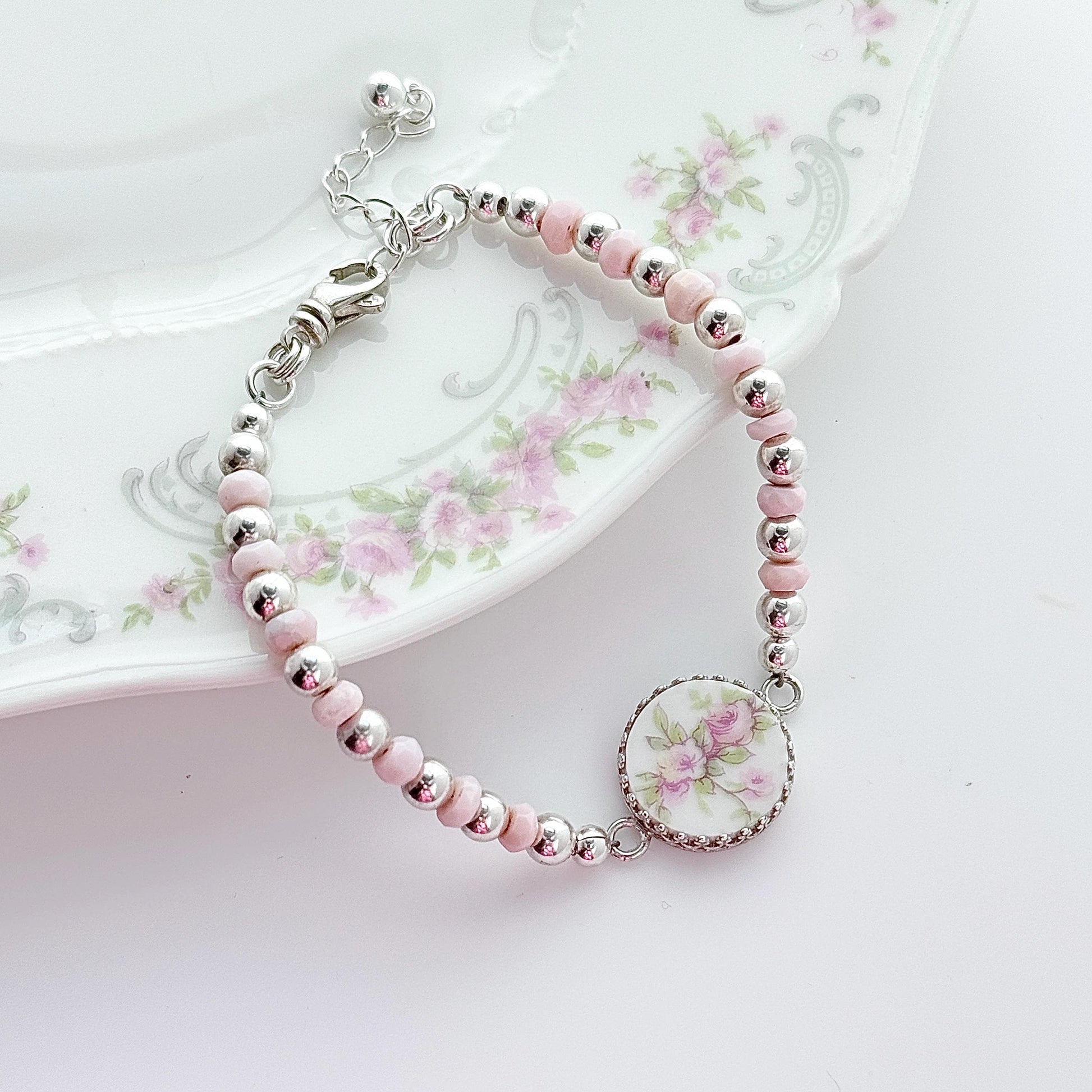 Pink Opal 18th Wedding Anniversary Gift for Wife, Sterling Silver Bracelet, Porcelain Broken China Jewelry