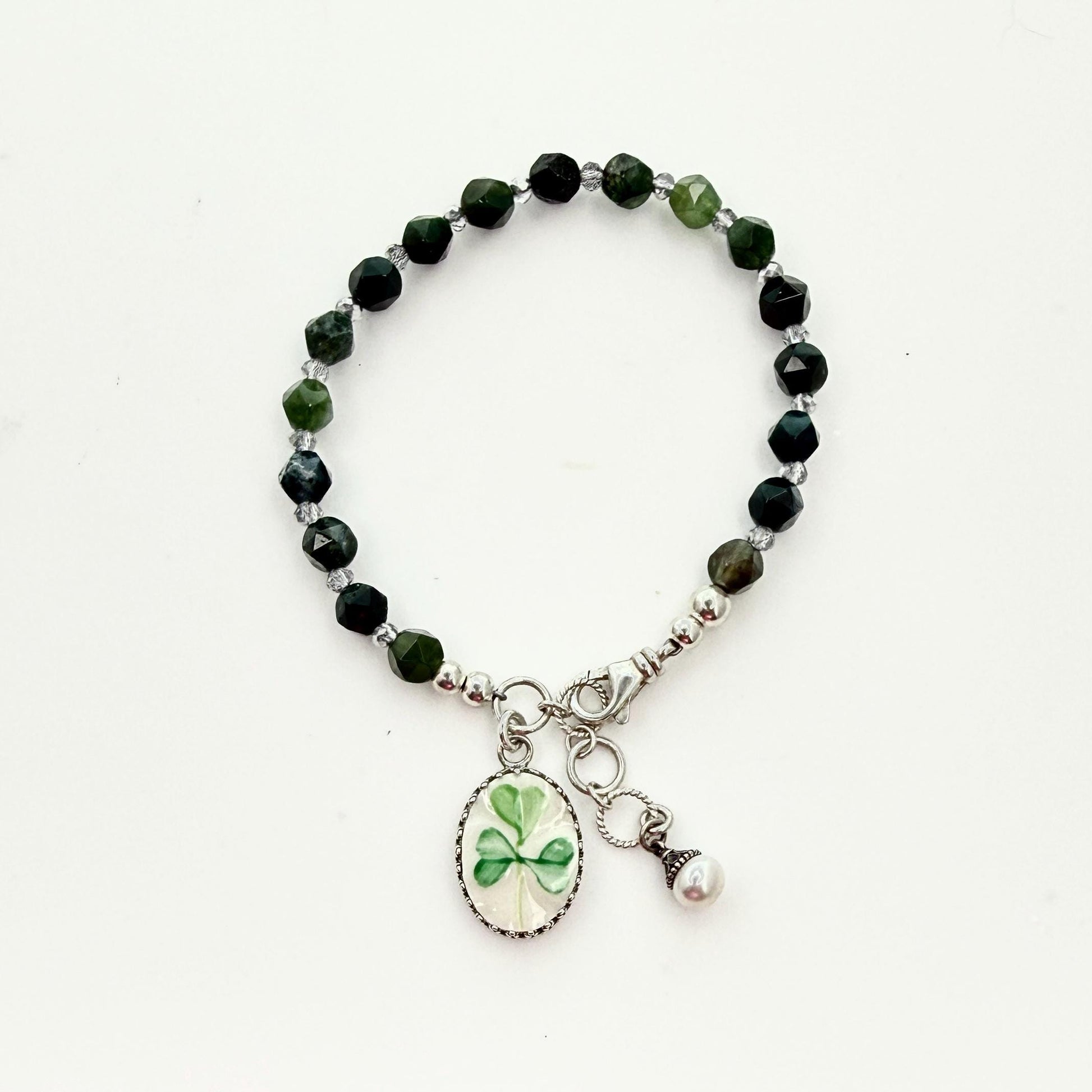 Sterling Silver Irish Belleek Bracelet, Broken China Jewelry, Shamrock Clover Charm