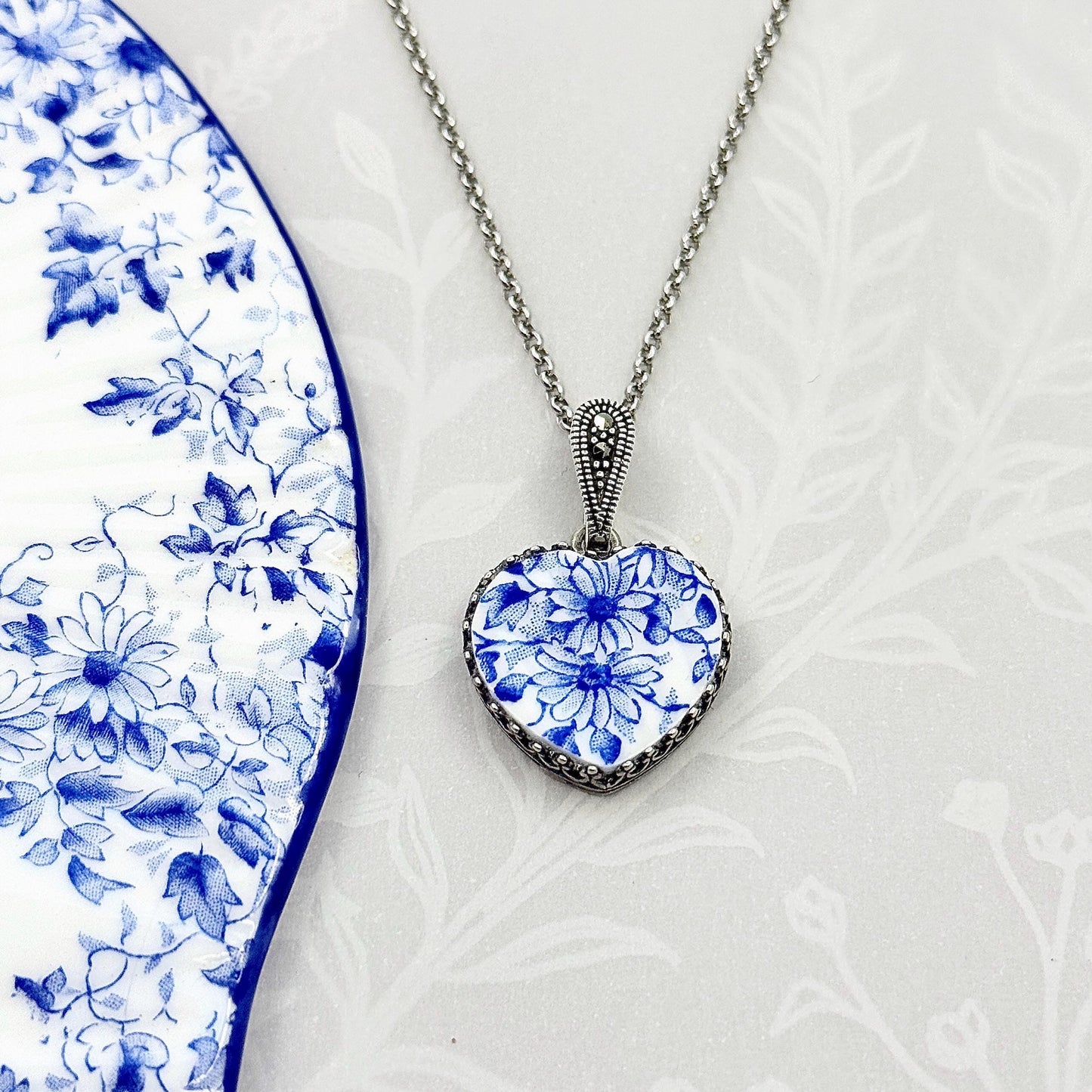 Porcelain China Jewelry, 2nd/18th/20th Wedding Anniversary Gift for Wife, Adjustable Daisy Heart Necklace, Marcasite Gemstones