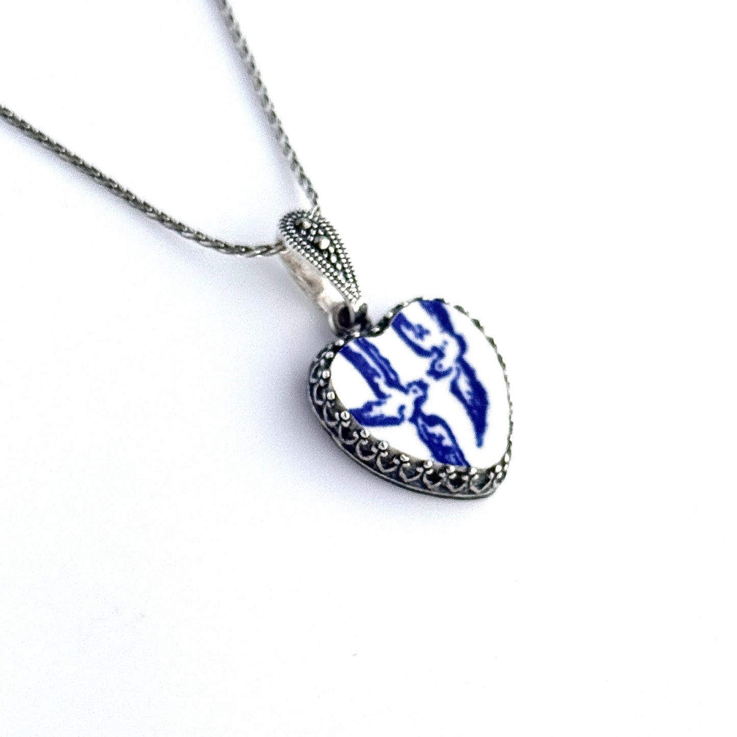Love Birds China Jewelry, 2nd/18th/20th Wedding Anniversary Gift for Wife, Adjustable Heart Necklace, Marcasite Gemstones