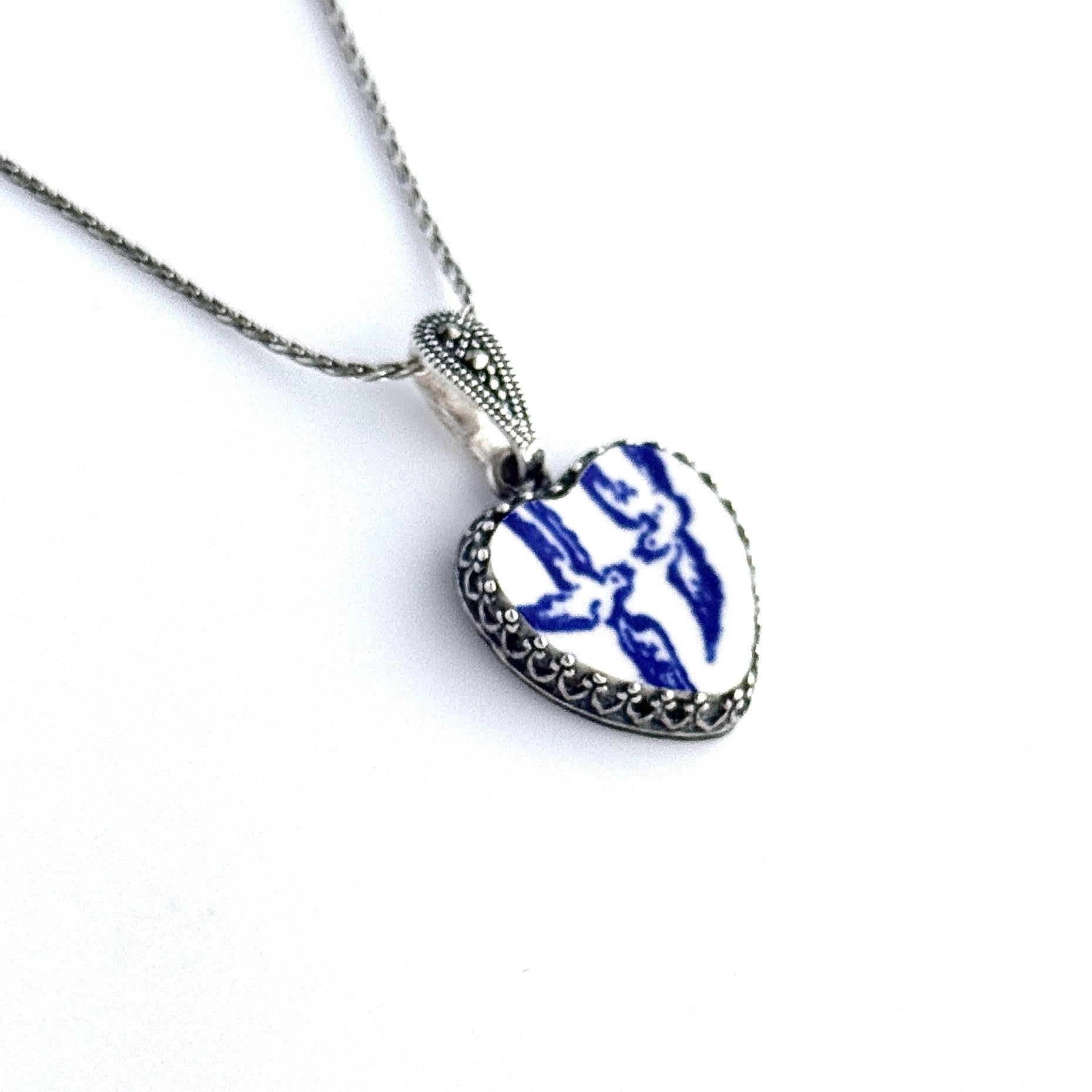 Love Birds China Jewelry, 2nd/18th/20th Wedding Anniversary Gift for Wife, Adjustable Heart Necklace, Marcasite Gemstones