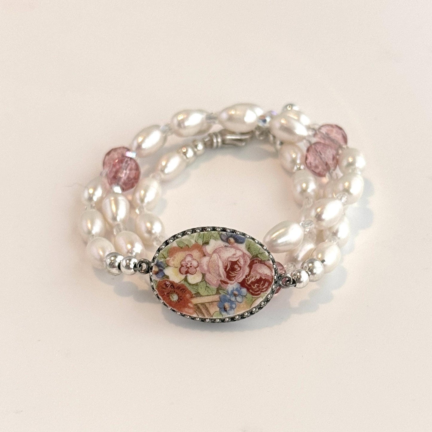 One-of-a-Kind, Forget-Me-Nots, Rose and Poppy, Beaded Pearl Wrap Bracelet, Broken China Jewelry