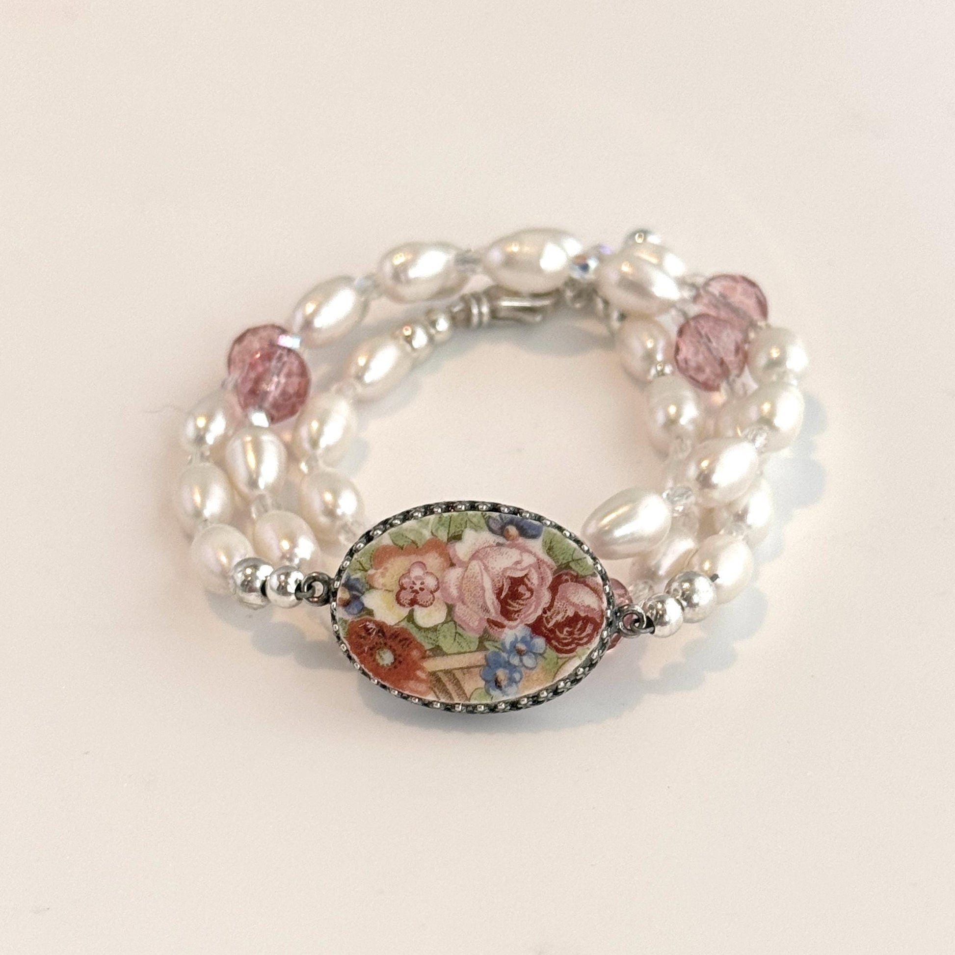 One-of-a-Kind, Forget-Me-Nots, Rose and Poppy, Beaded Pearl Wrap Bracelet, Broken China Jewelry