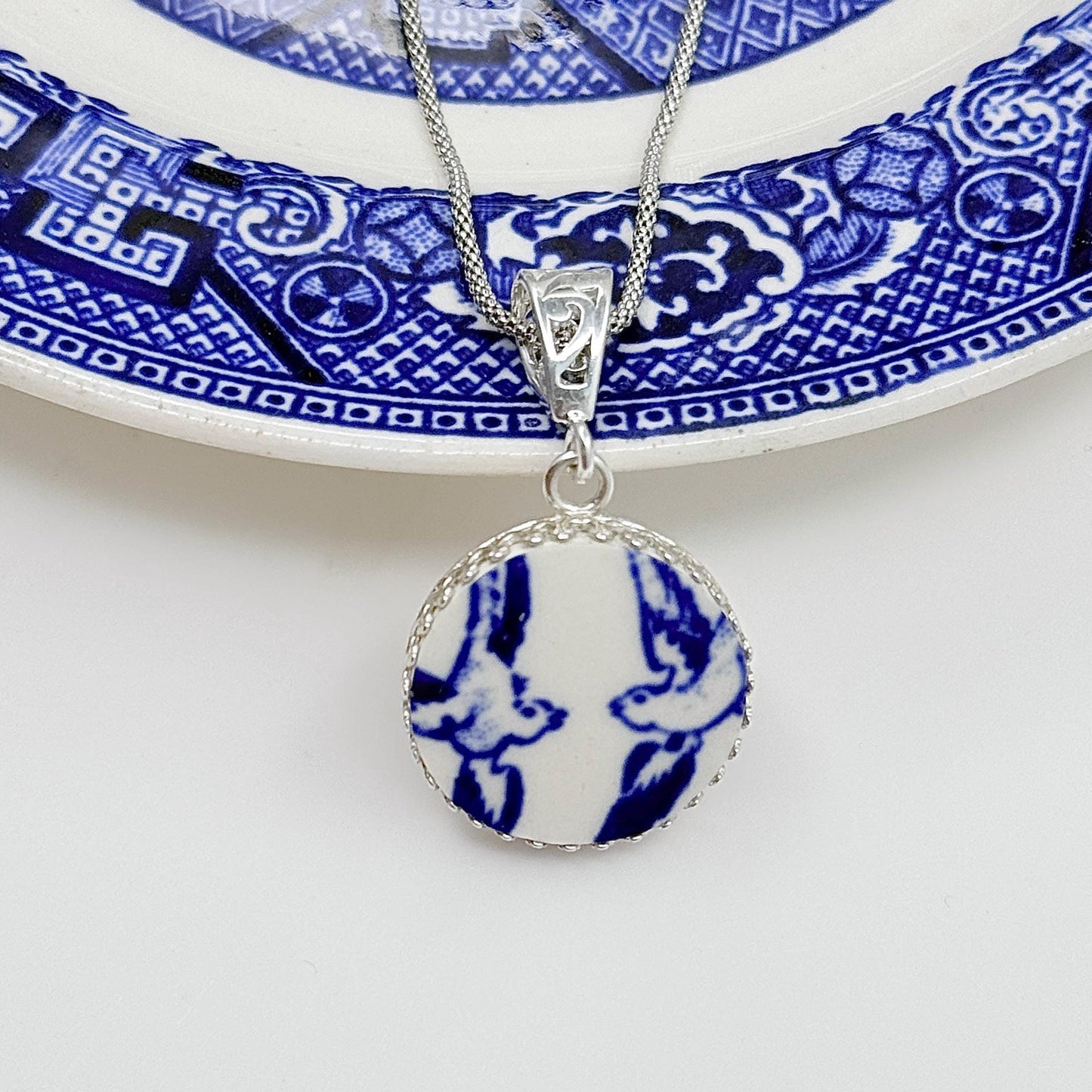 One-of-a-Kind Love Birds Necklace, 20th Anniversary Gift for Wife, Sterling Silver Blue Willow Jewelry, Adjustable