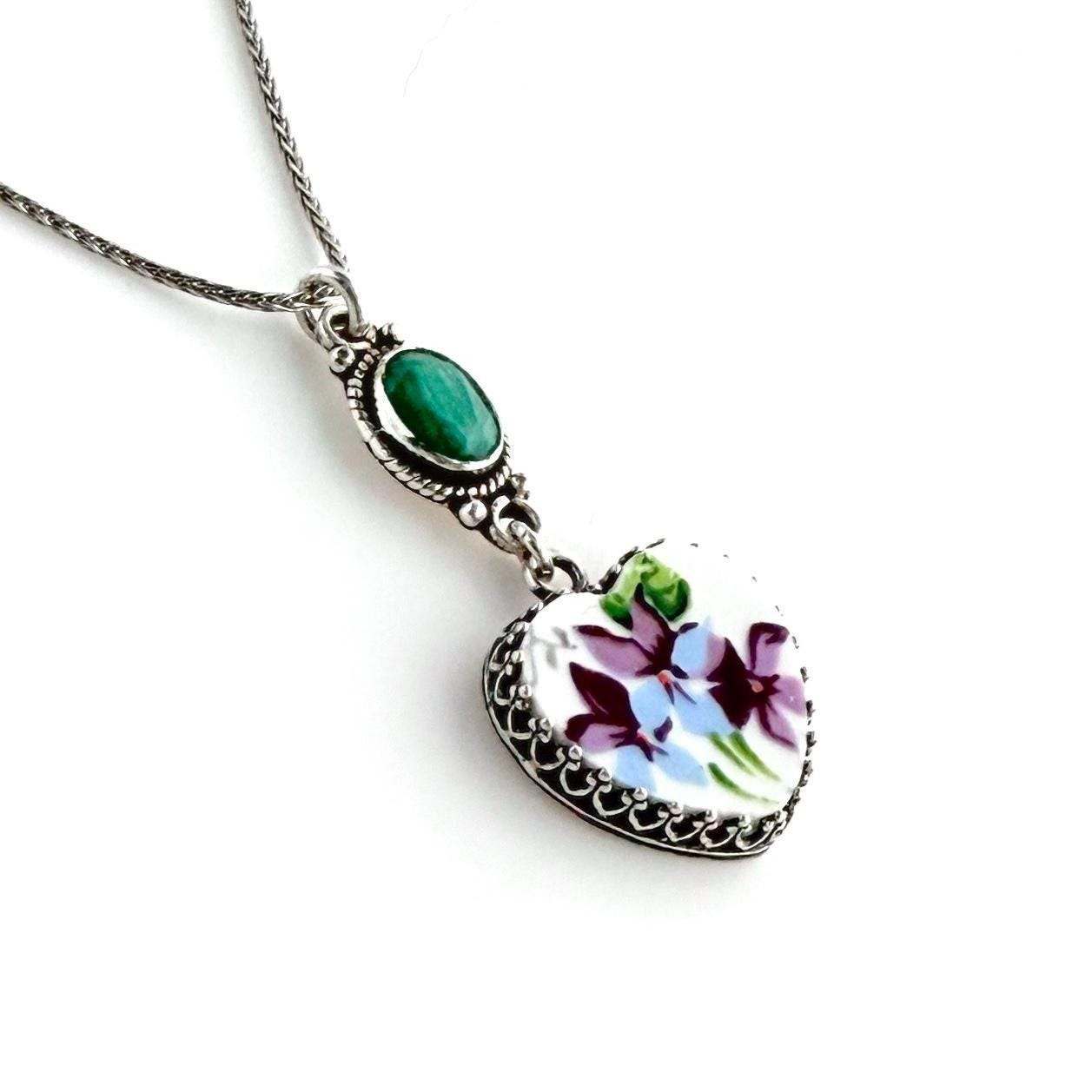 20th Anniversary Emerald and China Gift for Wife, Sterling Silver Violets Necklace, Romantic Broken China Jewelry, Heart Necklace