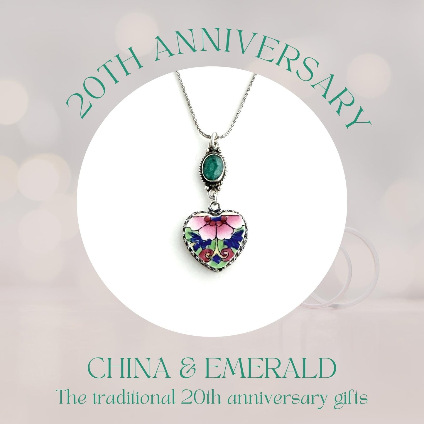 Emerald and China 20th Wedding Anniversary Gift for Wife, Sterling Silver Heart Necklace, Romantic Broken China Jewelry