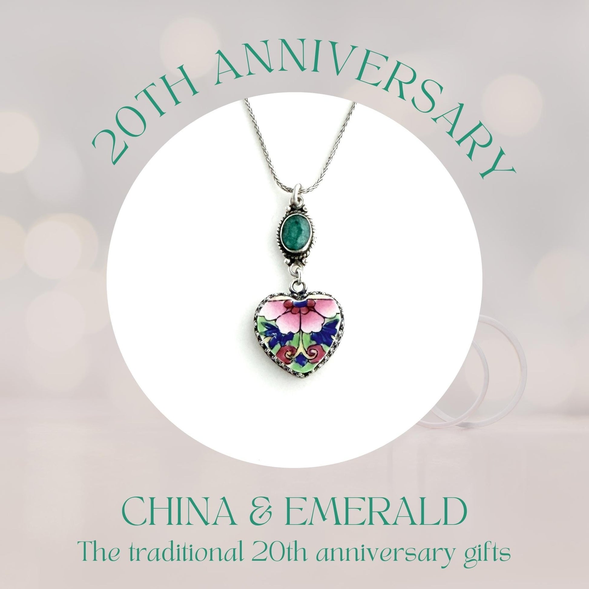 Emerald and China 20th Wedding Anniversary Gift for Wife, Sterling Silver Heart Necklace, Romantic Broken China Jewelry