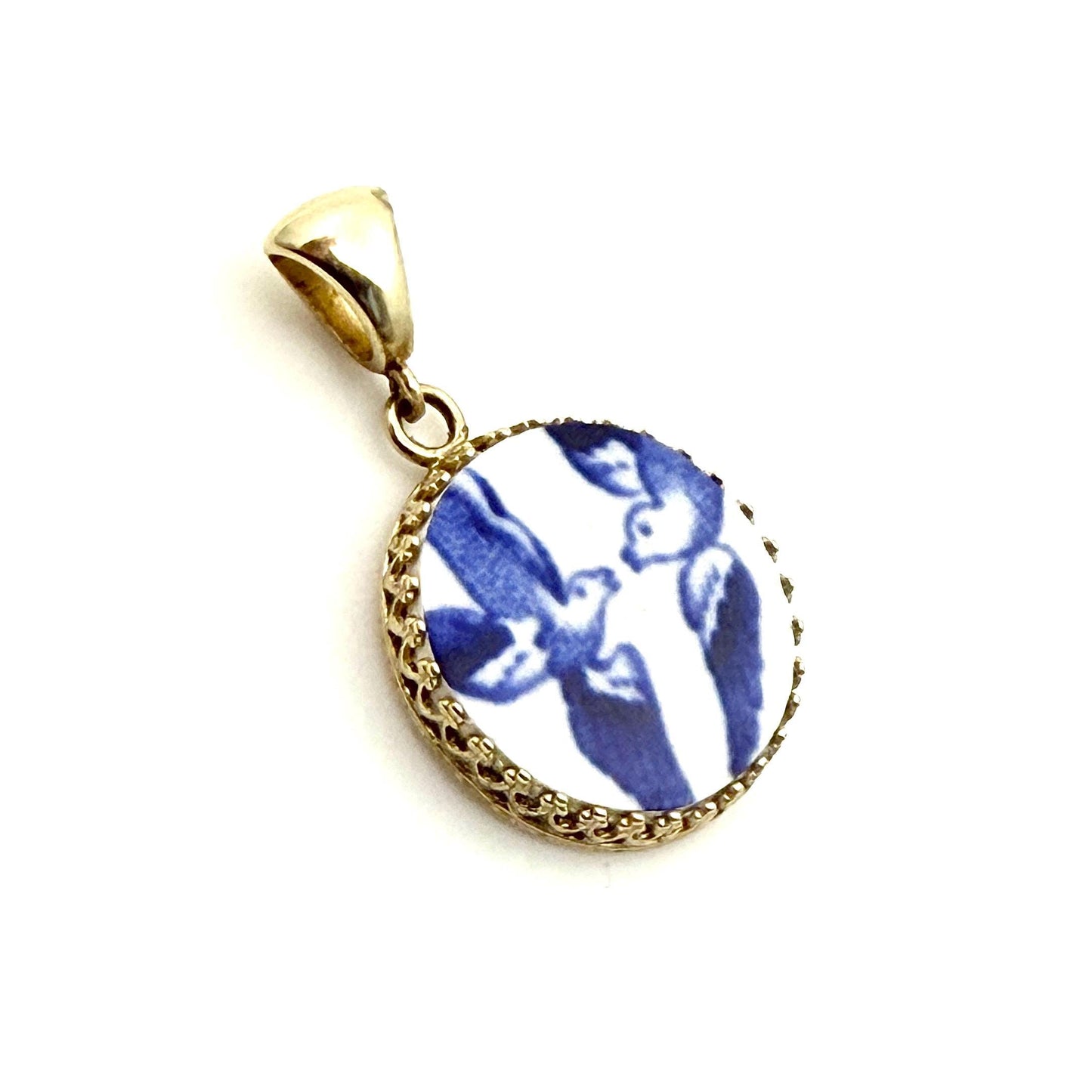 14k Solid Gold Blue Willow Love Birds China Necklace, 20th Wedding Anniversary Gifts for Wife, Broken China Jewelry, Victorian Pendant