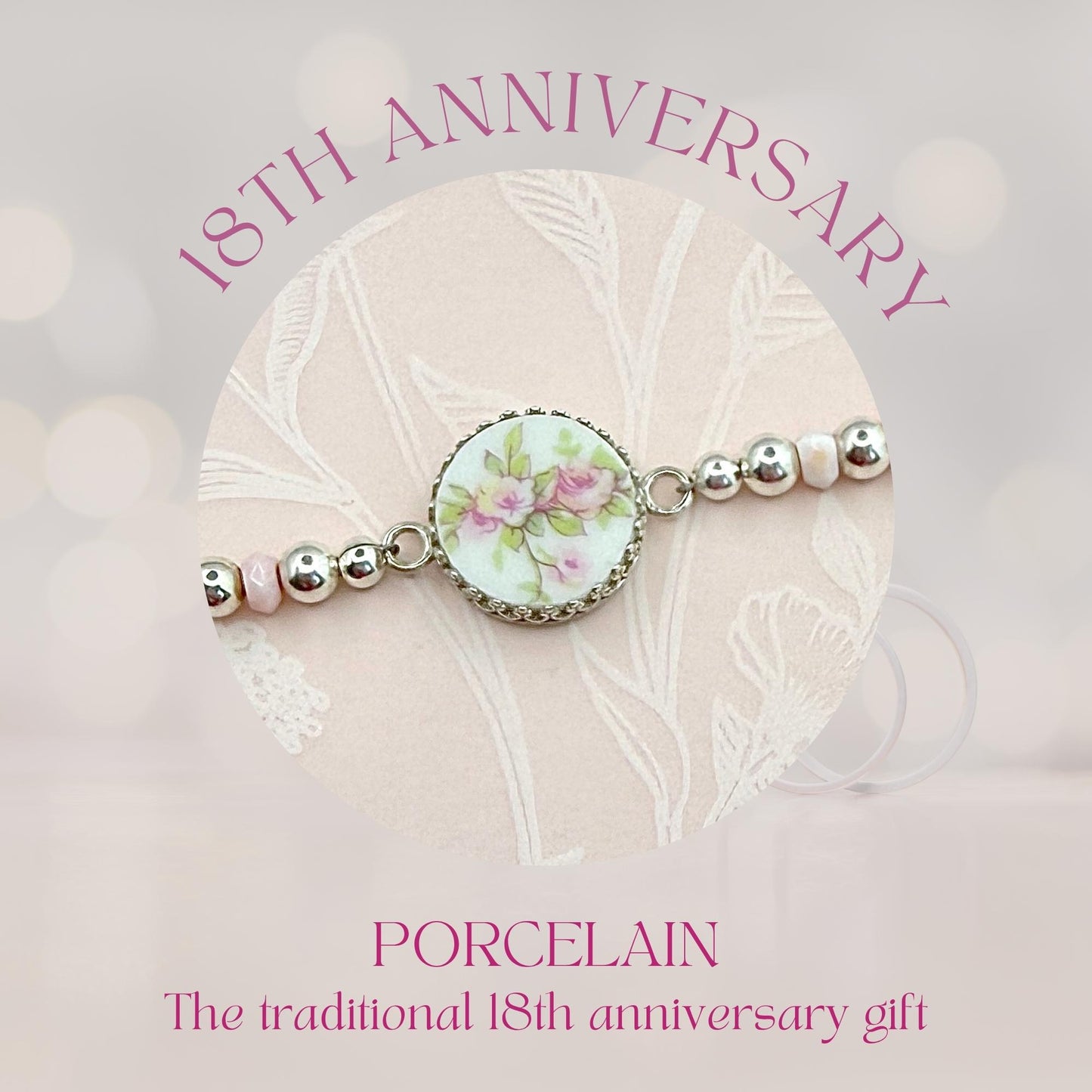 Pink Opal 18th Wedding Anniversary Gift for Wife, Sterling Silver Bracelet, Porcelain Broken China Jewelry