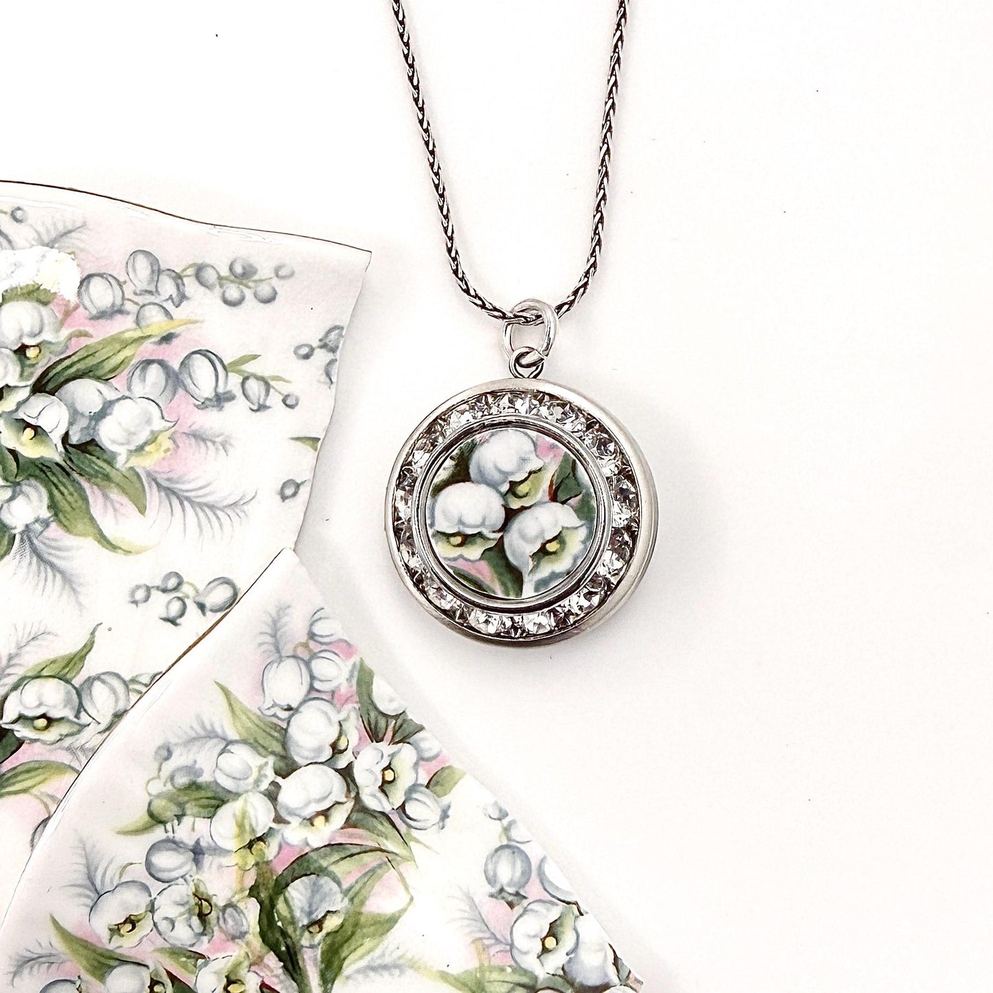 Adjustable Lily of the Valley Locket Necklace, Anniversary Gifts, Broken China Handmade Jewelry, Love and Friendship Gifts for Her