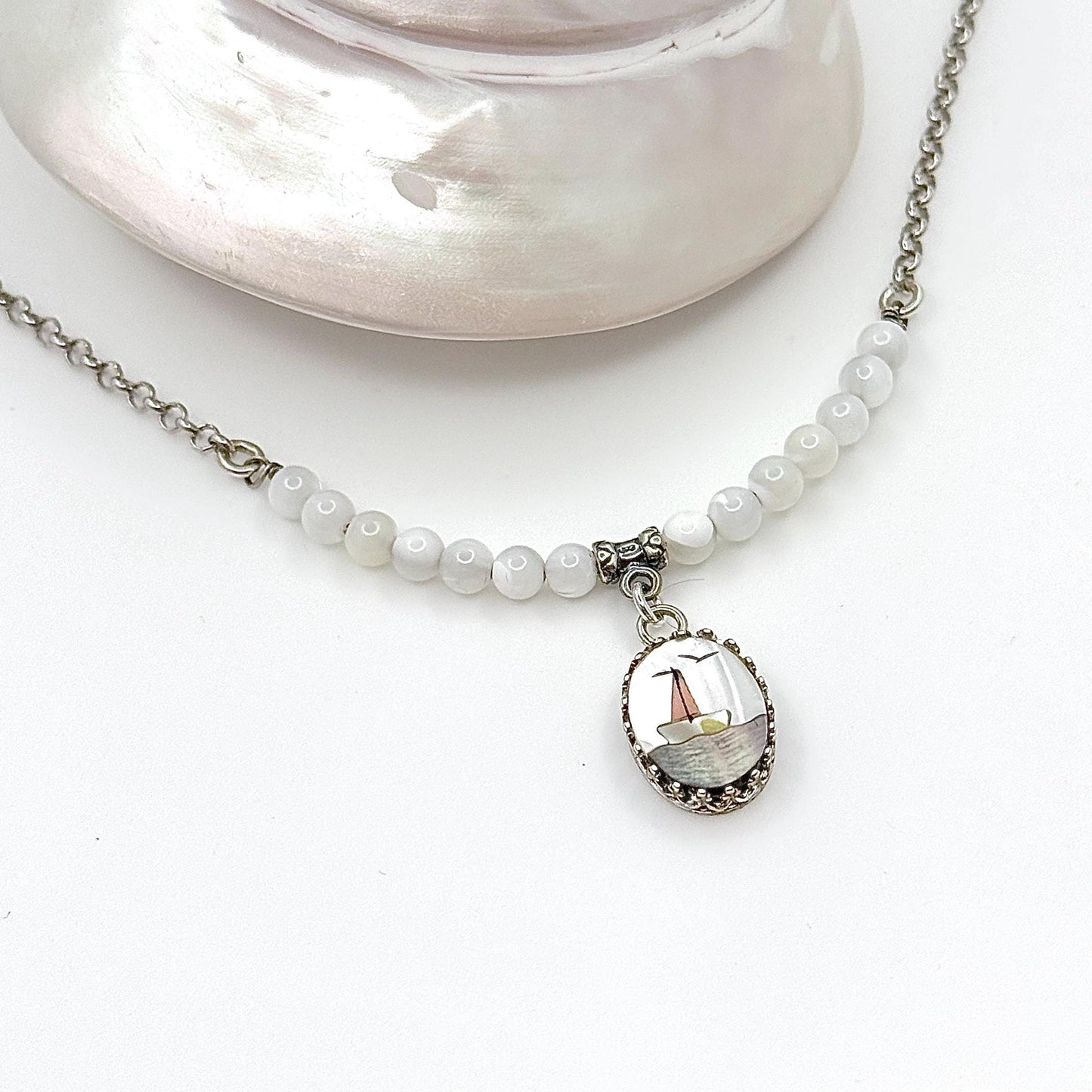 Dainty Mother of Pearl Sailboat Necklace, Beach Wedding Jewelry, Nautical Gifts for Her, Natural Jewelry