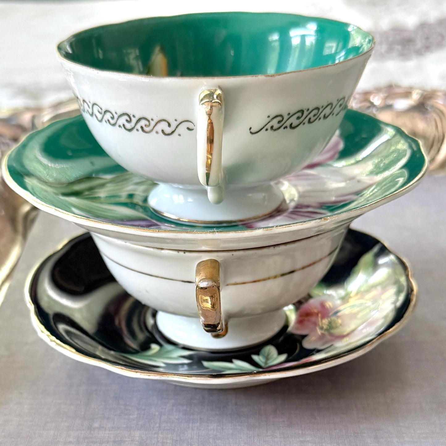 Vintage Porcelain 18th Anniversary 4 Teacups Saucers, Japanese Gift Tea Set, Floral Collectible Teacup Set