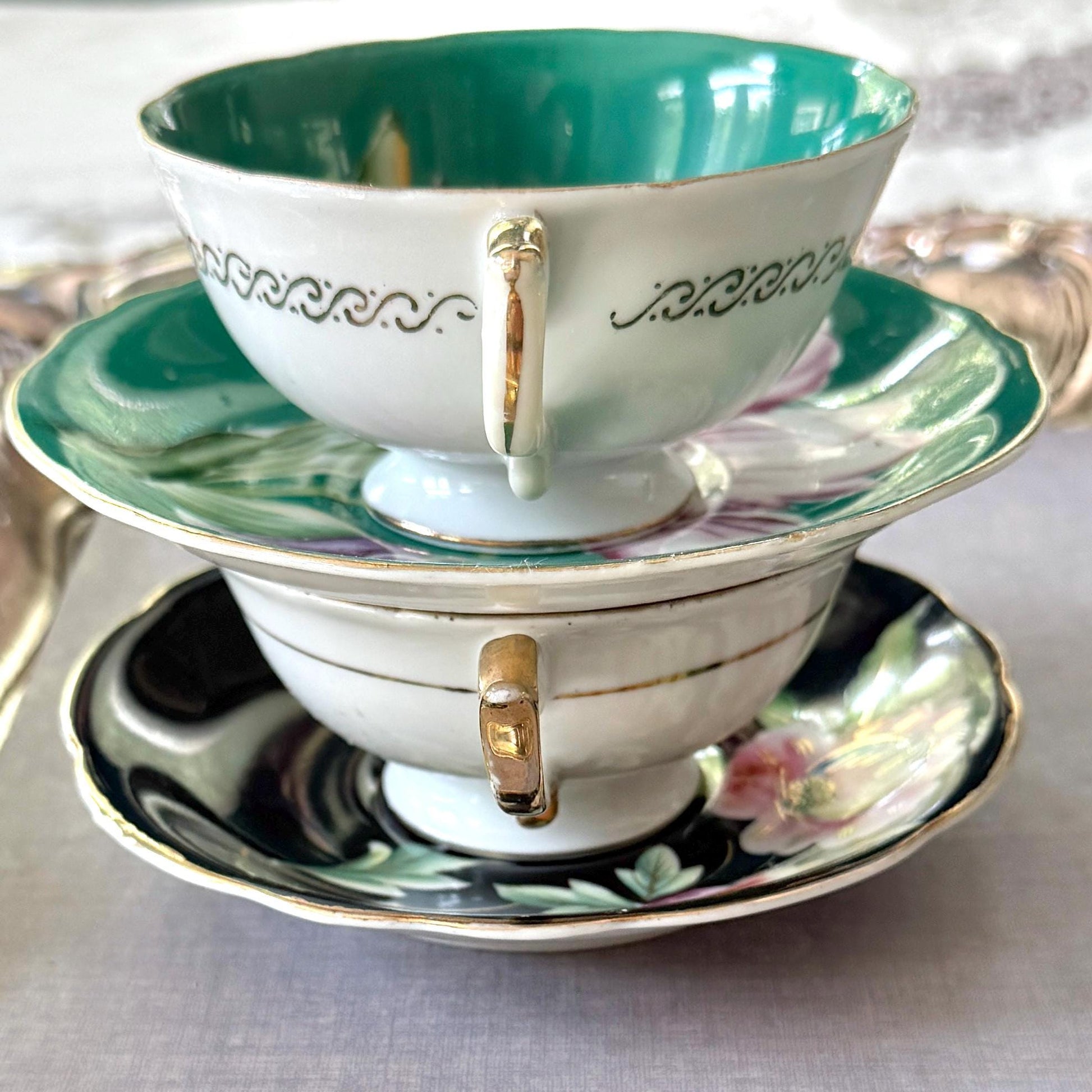 Vintage Porcelain 18th Anniversary 4 Teacups Saucers, Japanese Gift Tea Set, Floral Collectible Teacup Set