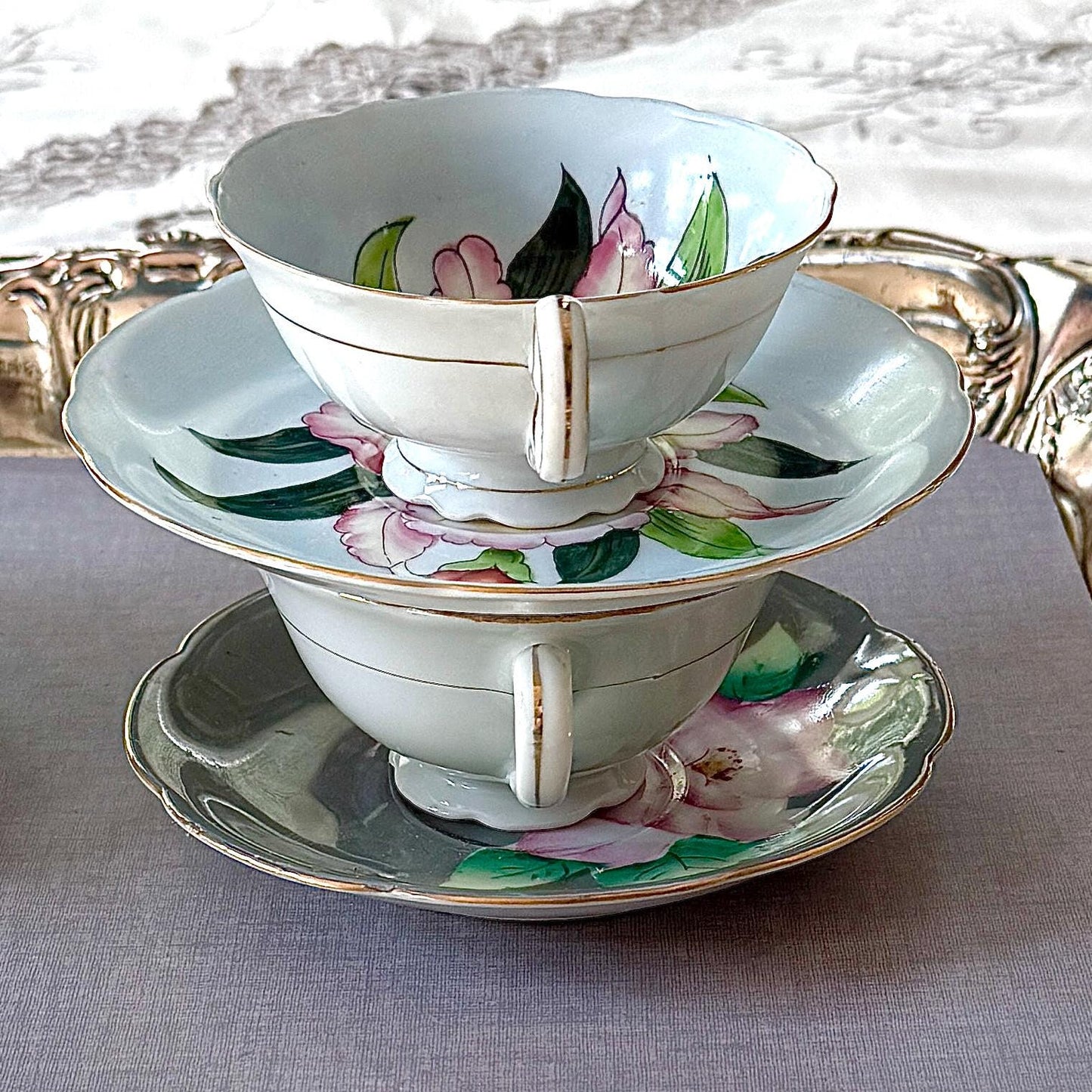 Vintage Porcelain 18th Anniversary 4 Teacups Saucers, Japanese Gift Tea Set, Floral Collectible Teacup Set