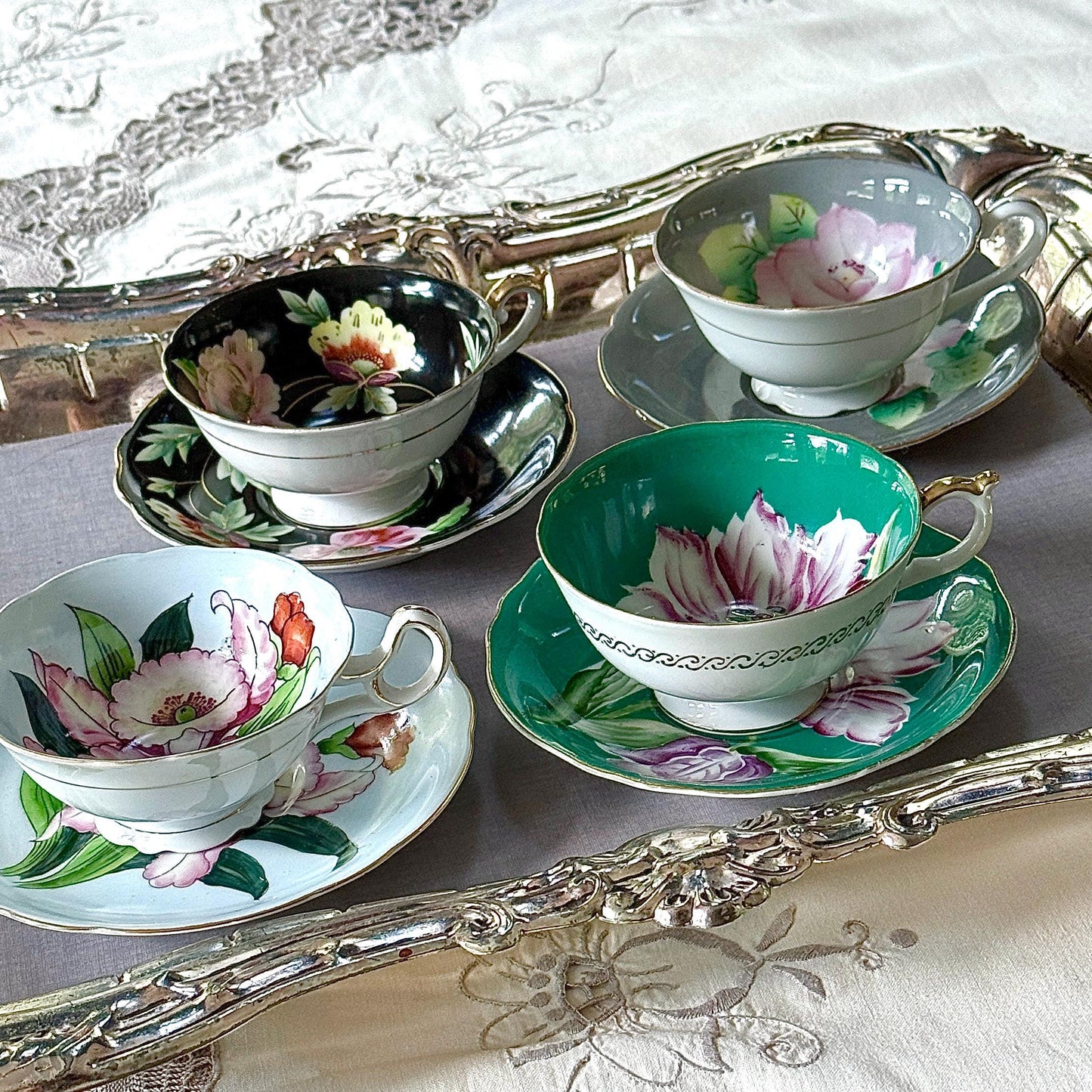 Vintage Porcelain 18th Anniversary 4 Teacups Saucers, Japanese Gift Tea Set, Floral Collectible Teacup Set