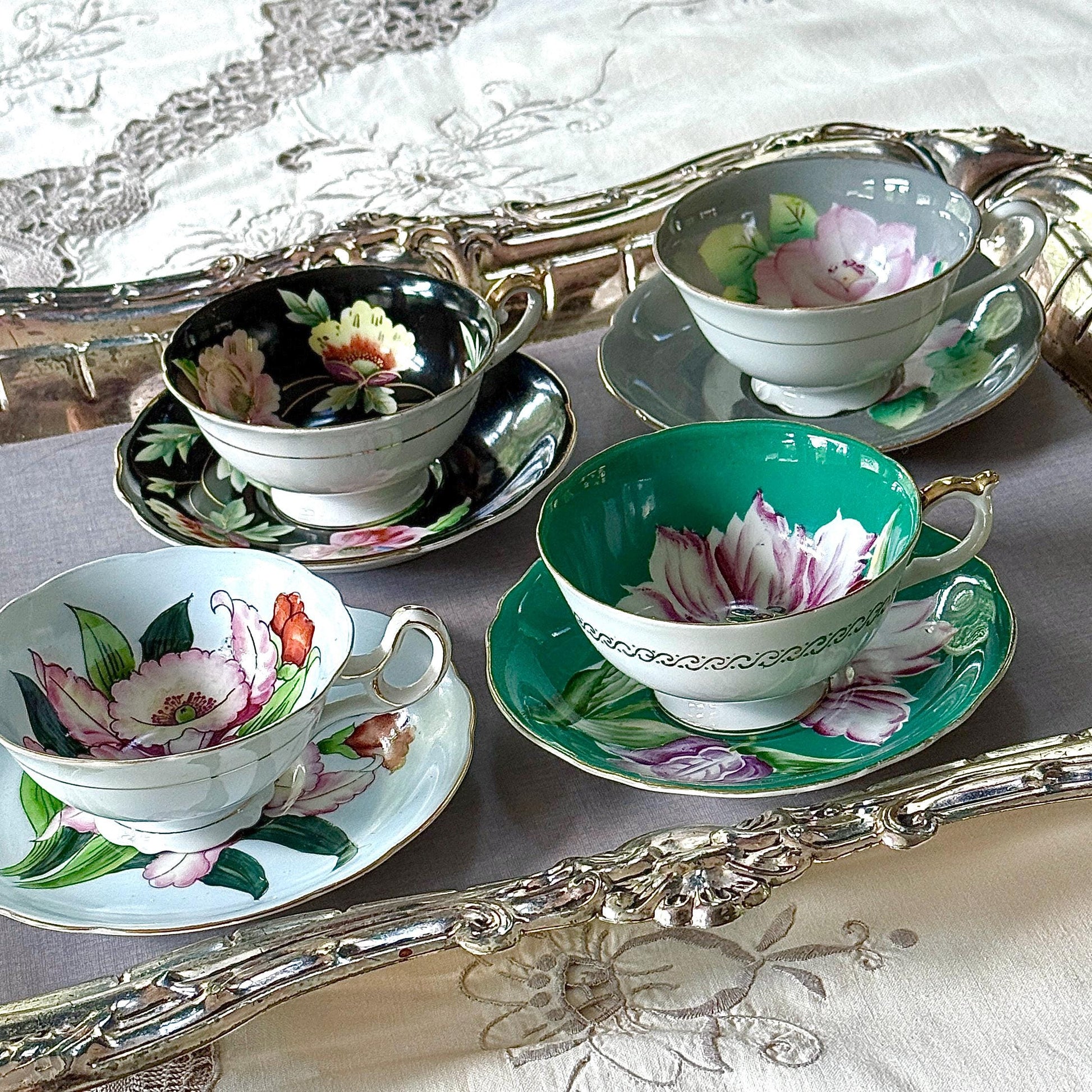 Vintage Porcelain 18th Anniversary 4 Teacups Saucers, Japanese Gift Tea Set, Floral Collectible Teacup Set