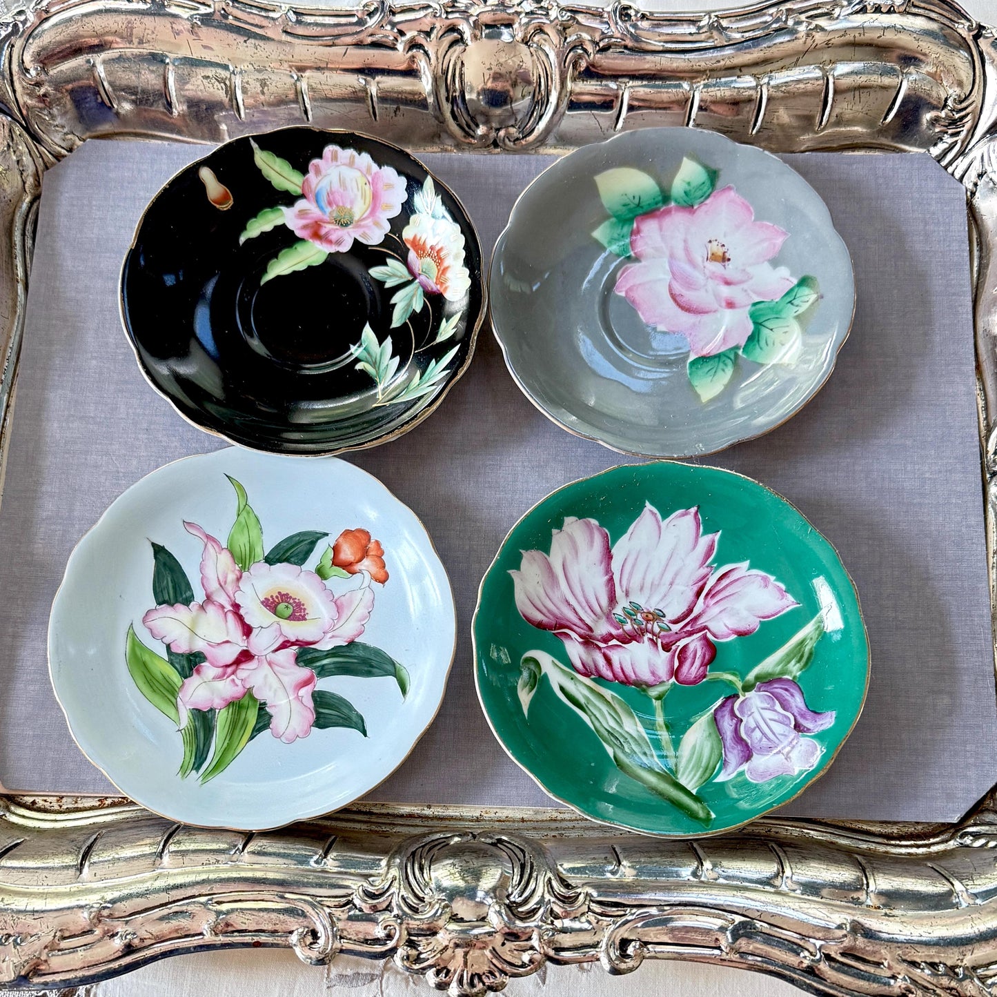 Vintage Porcelain 18th Anniversary 4 Teacups Saucers, Japanese Gift Tea Set, Floral Collectible Teacup Set