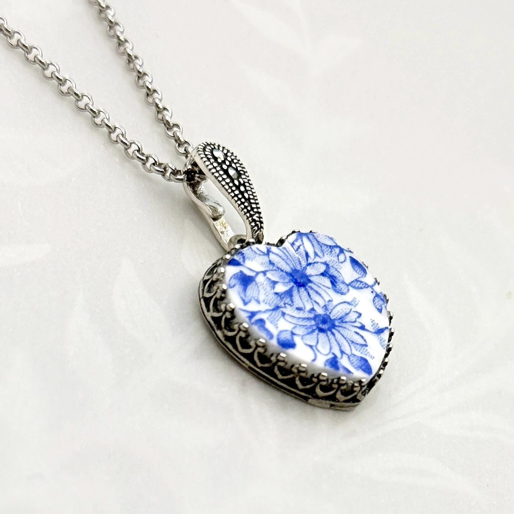 Porcelain China Jewelry, 2nd/18th/20th Wedding Anniversary Gift for Wife, Adjustable Daisy Heart Necklace, Marcasite Gemstones