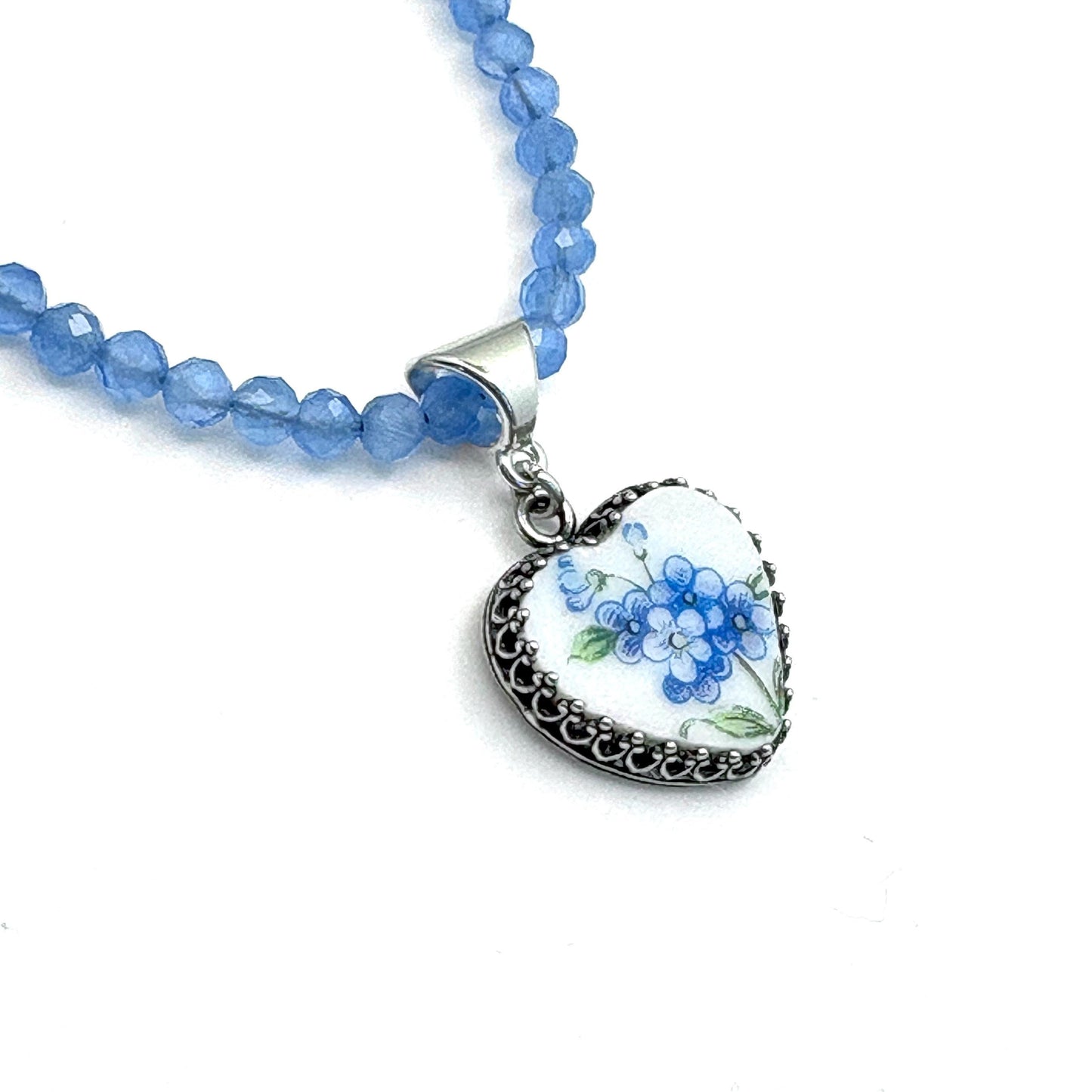 Porcelain Heart Gemstone Cat's Eye Necklace, Forget Me Not 18th Anniversary Jewelry, Romantic and Sentimental