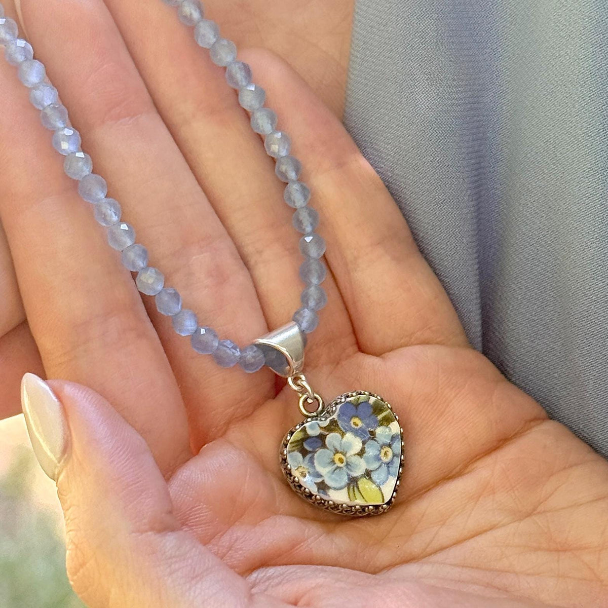 Porcelain Heart Gemstone Cat's Eye Necklace, Forget Me Not 18th Anniversary Jewelry, Romantic Sentimental Heart Necklace