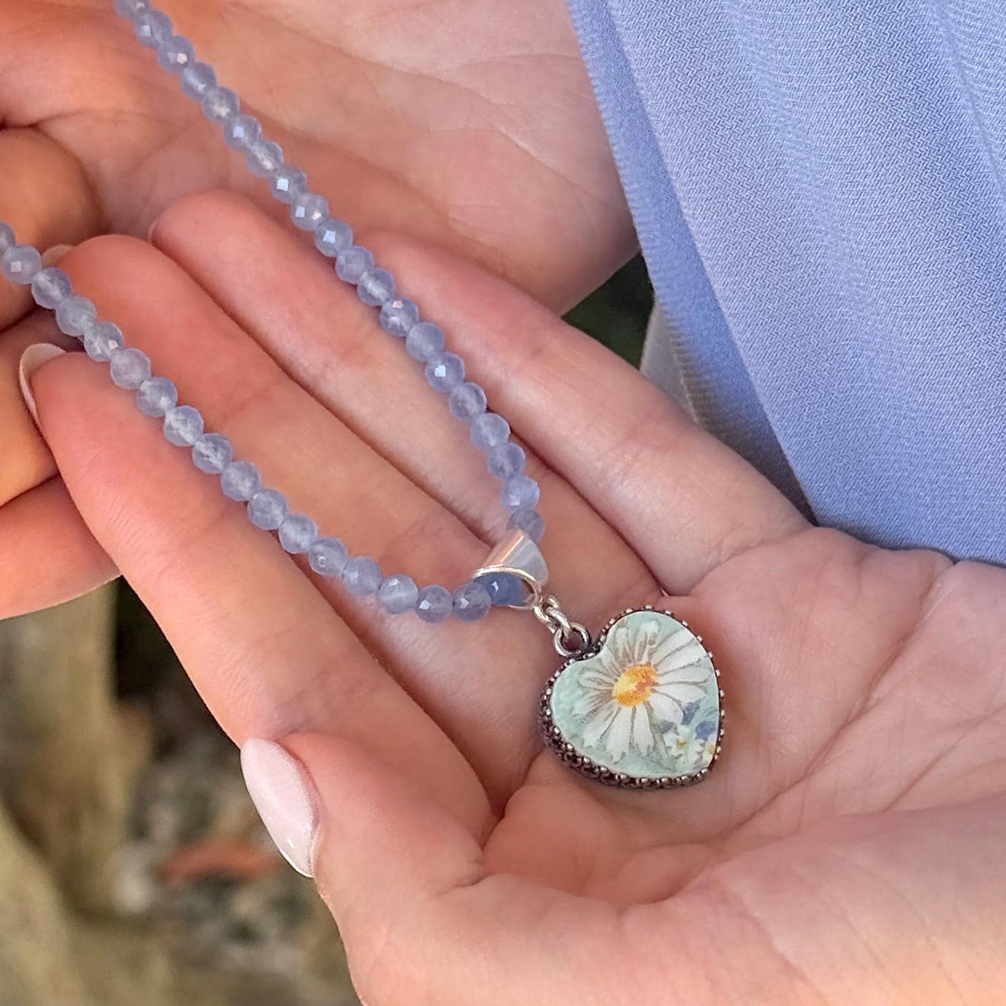 Porcelain Heart Gemstone Cat's Eye Necklace, 18th Anniversary Jewelry, Romantic Sentimental Daisy Necklace