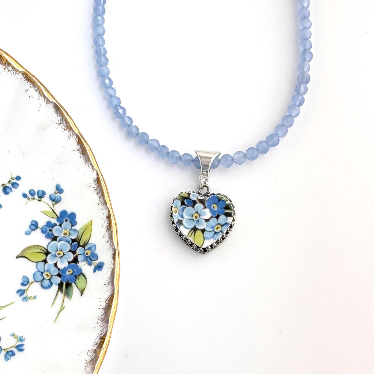 Porcelain Heart Gemstone Cat's Eye Necklace, Forget Me Not 18th Anniversary Jewelry, Romantic Sentimental Heart Necklace