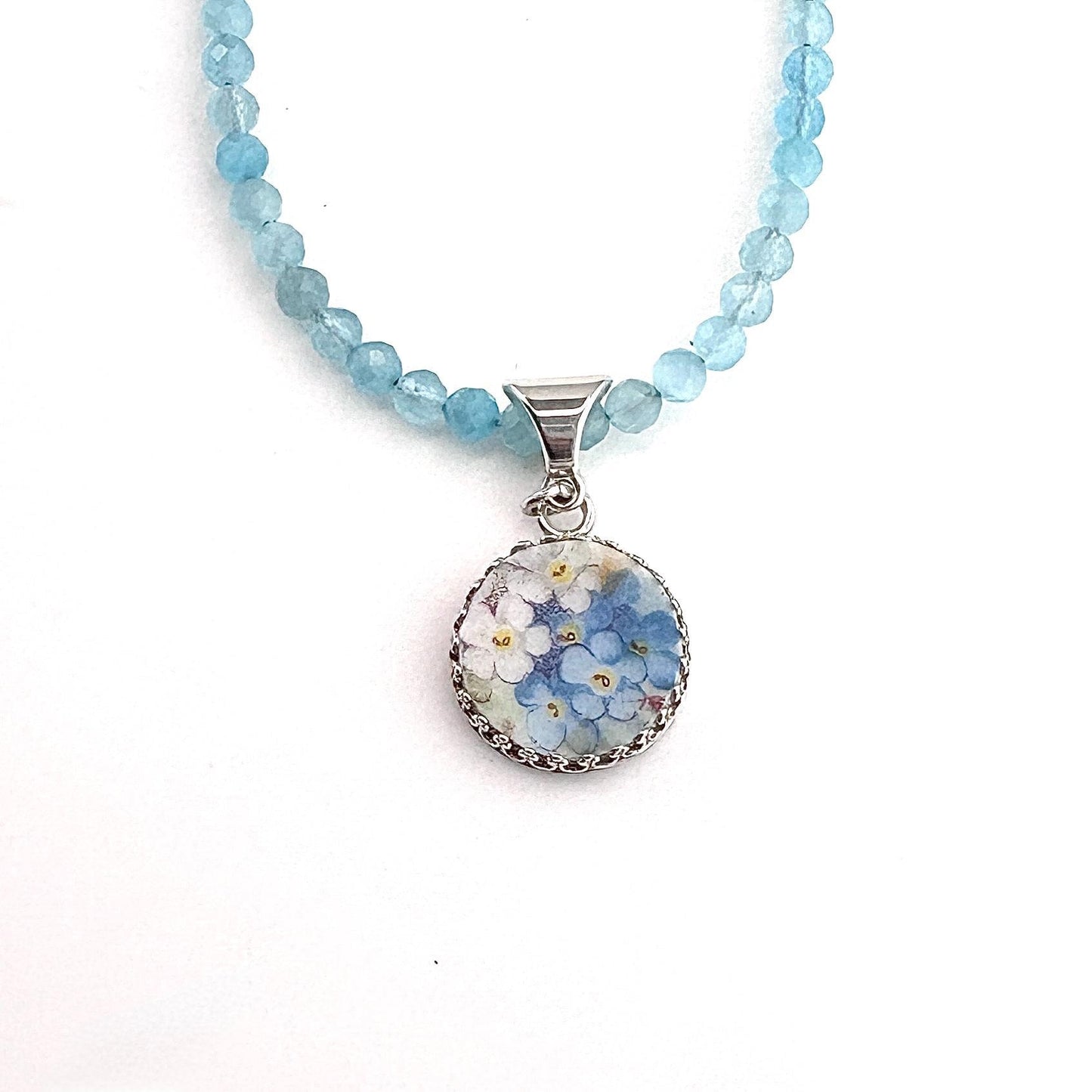 Sterling Silver Porcelain Necklace, One-of-a-Kind Forget-Me-Not Necklace, Wife 18th Anniversary Gift, Cats Eye Gemstone Necklace