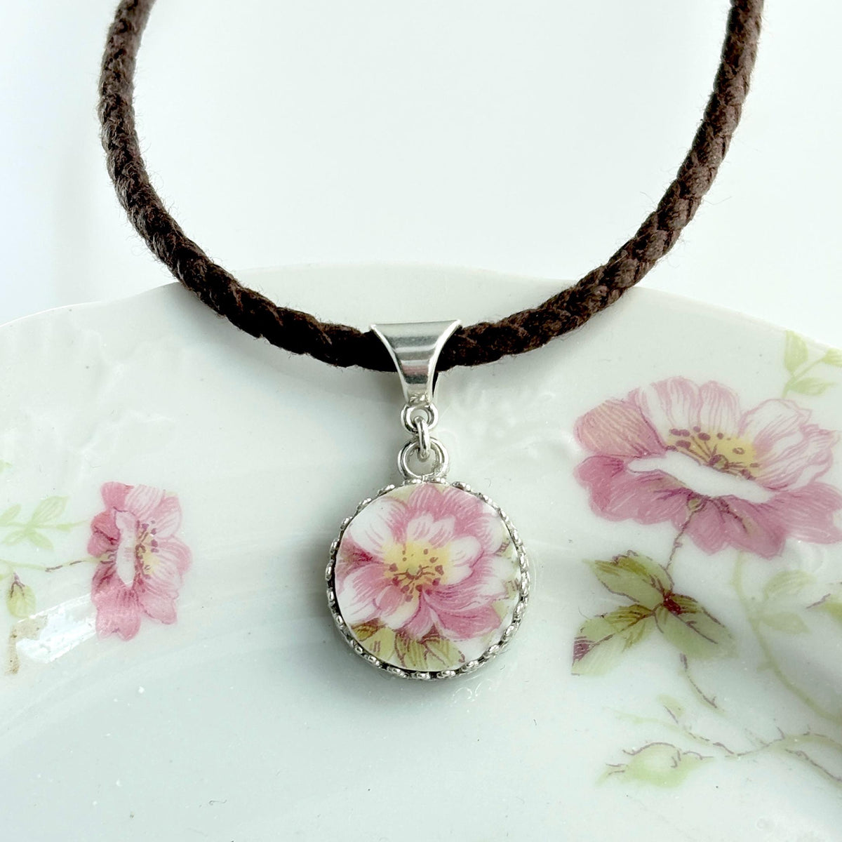 One-of-a-Kind Sterling Silver Handmade Wild Beach Rose Necklace, Antique China Jewelry, Wife 2nd Anniversary Gift, Cotton Gifts