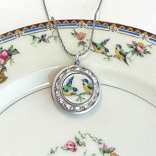 Love Birds Locket Necklace, Romantic 18th Anniversary Gift for Wife, Vintage Porcelain Photo Locket