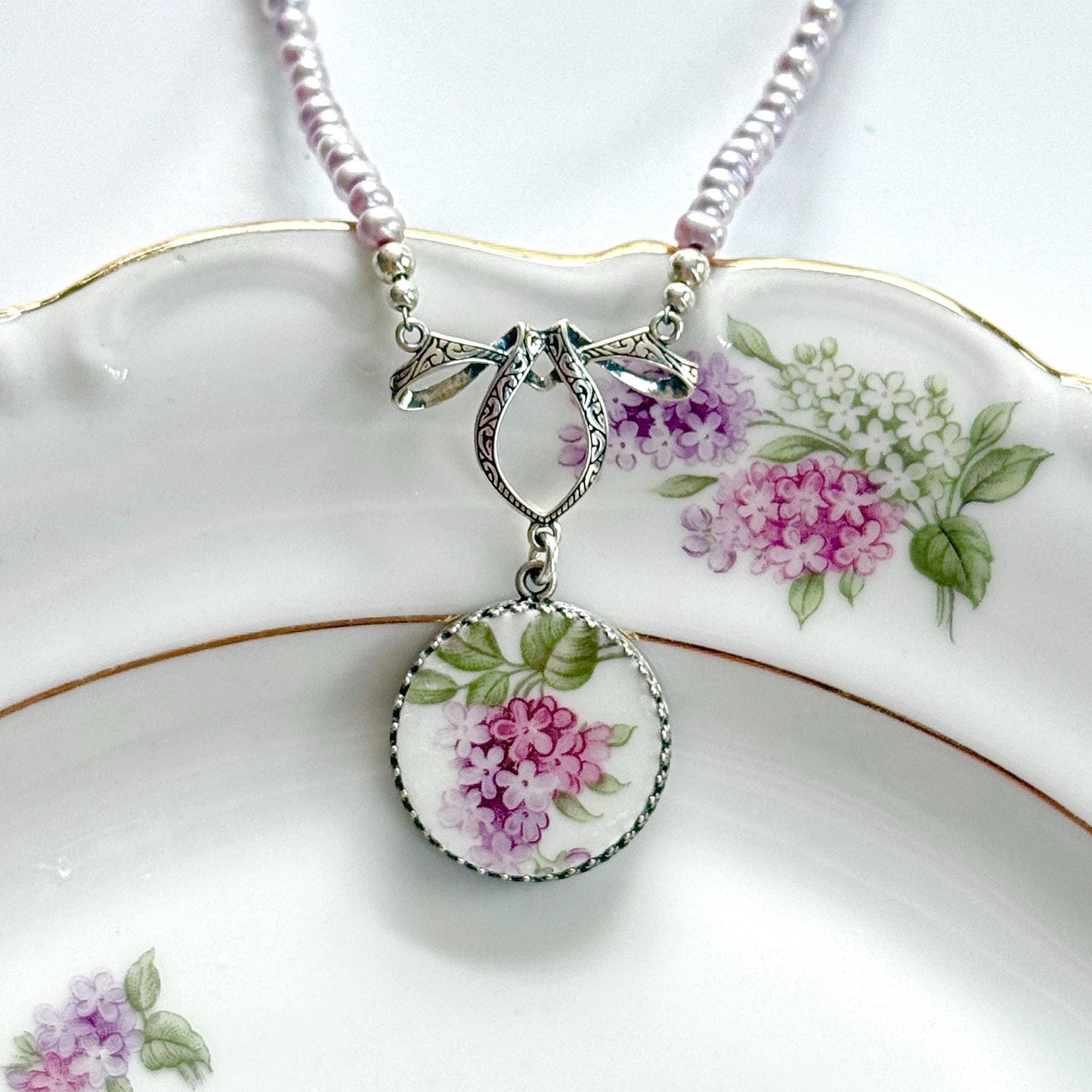 Purple Lilac Necklace, 20th Wedding Anniversary Gifts for Wife, Pearl Broken China Jewelry