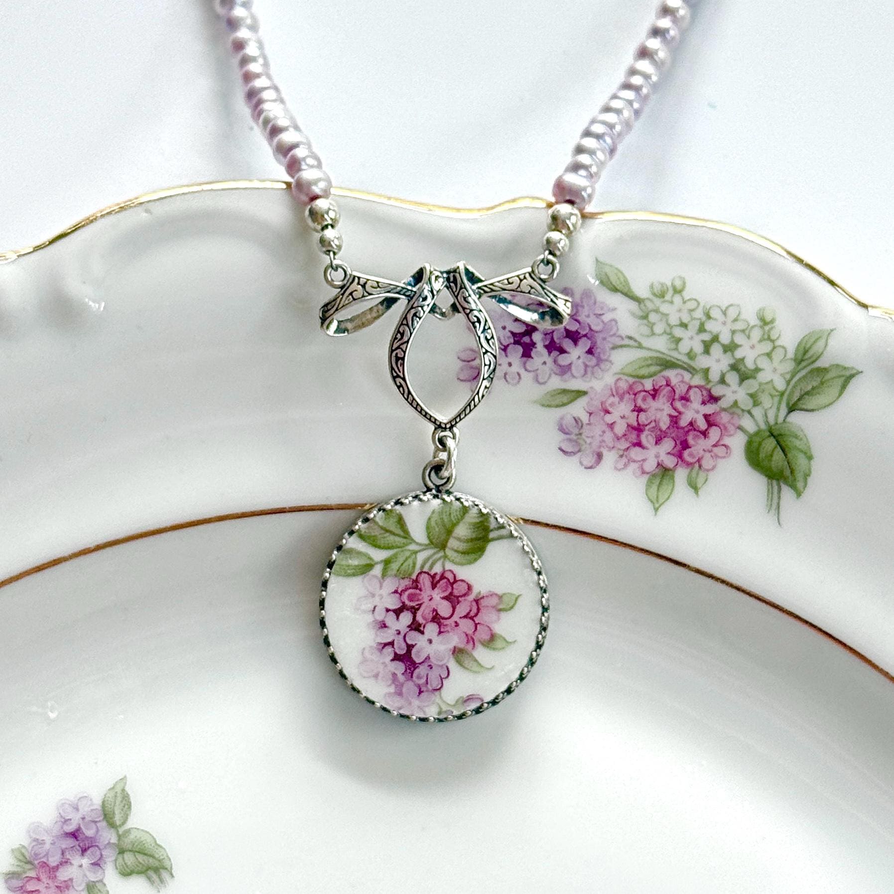 Purple Lilac Necklace, 20th Wedding Anniversary Gifts for Wife, Pearl Broken China Jewelry