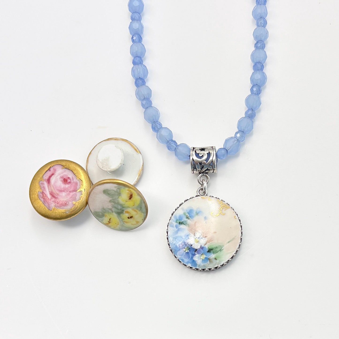 18th Anniversary Gift, Antique Porcelain & Cat's Eye Necklace, Sterling Silver Button Jewelry for a Special Occasion