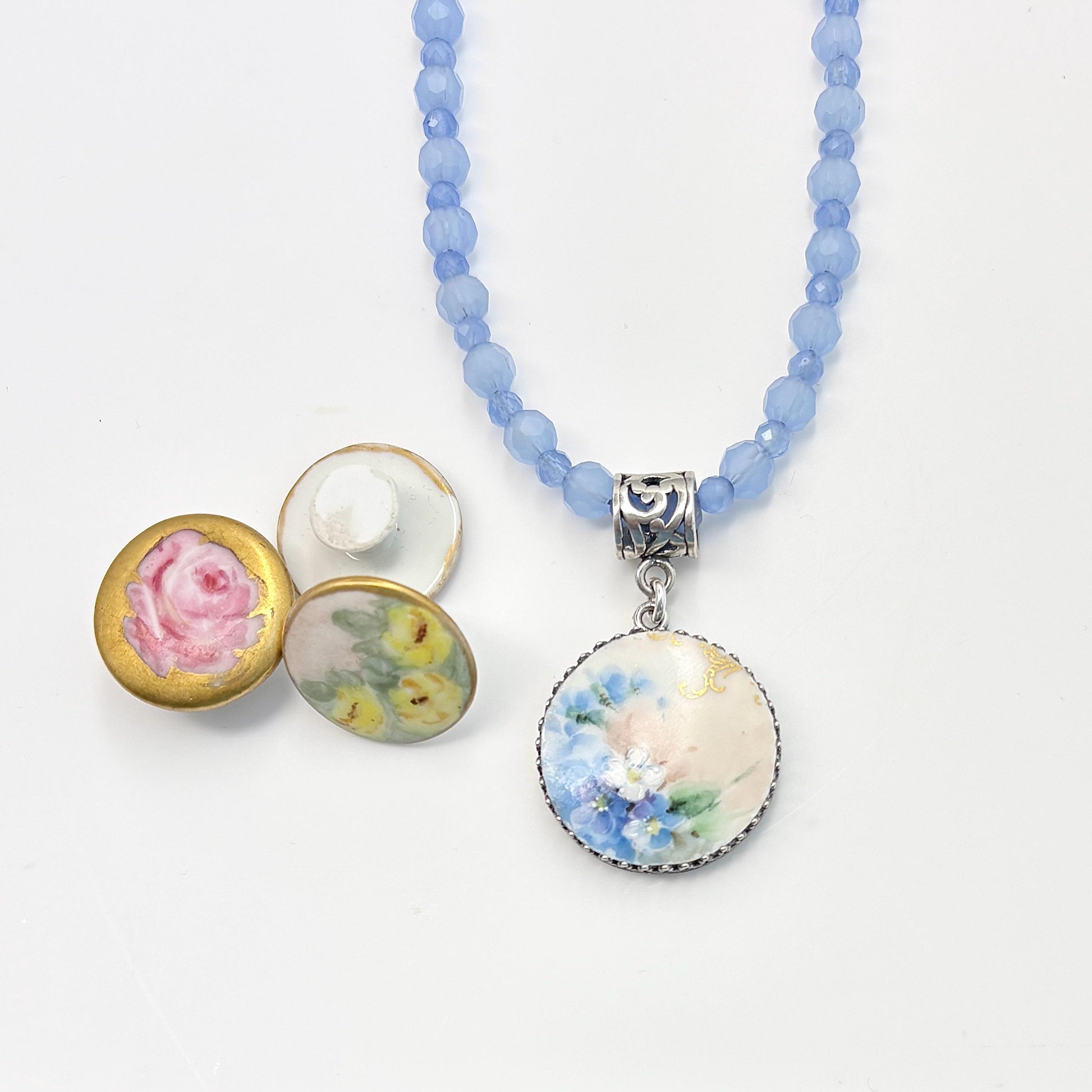 18th Anniversary Gift, Antique Porcelain & Cat's Eye Necklace, Sterling Silver Button Jewelry for a Special Occasion