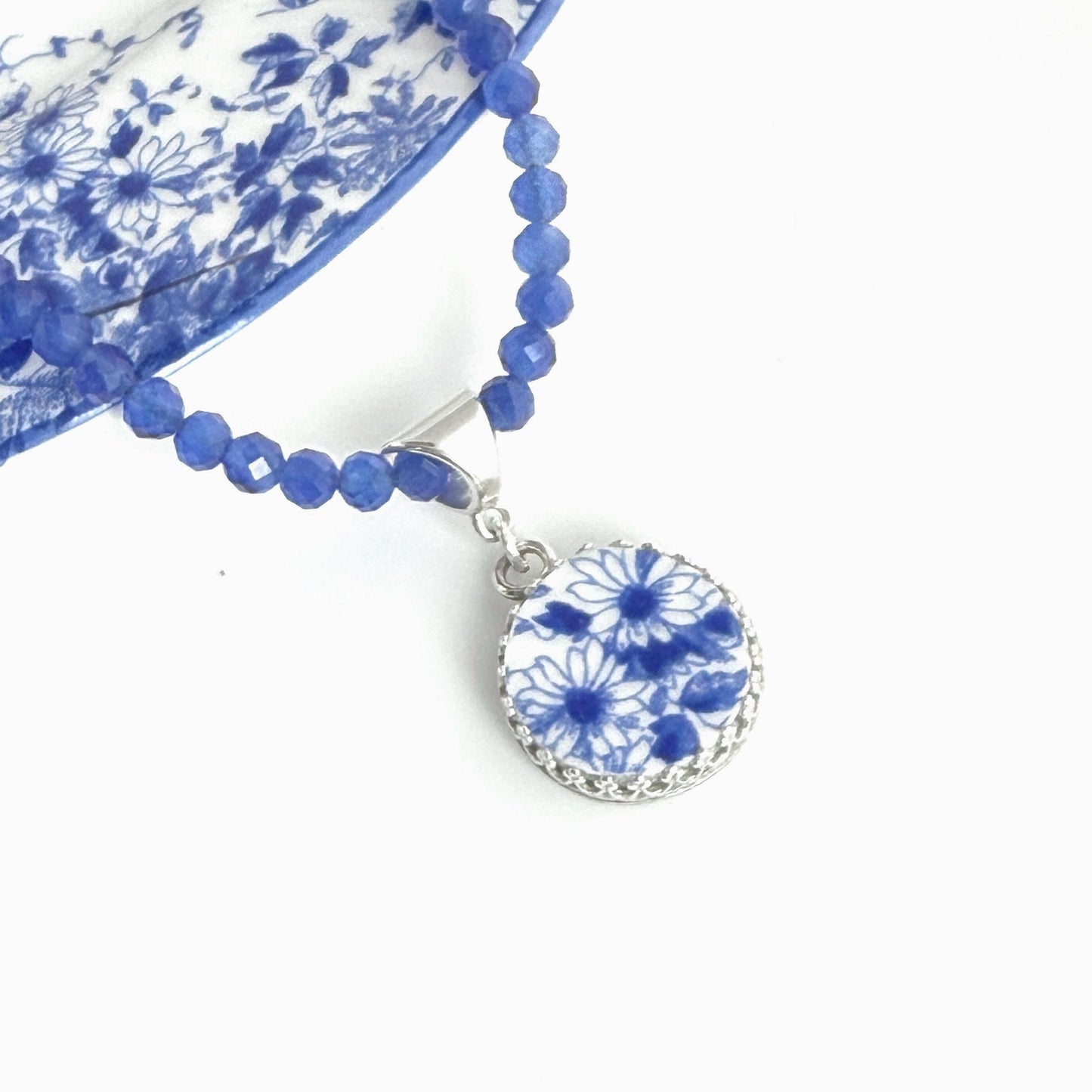 Traditional 18th Anniversary Gift, Cats Eye & Porcelain Sterling Gemstone Necklace, Handmade Daisy Necklace