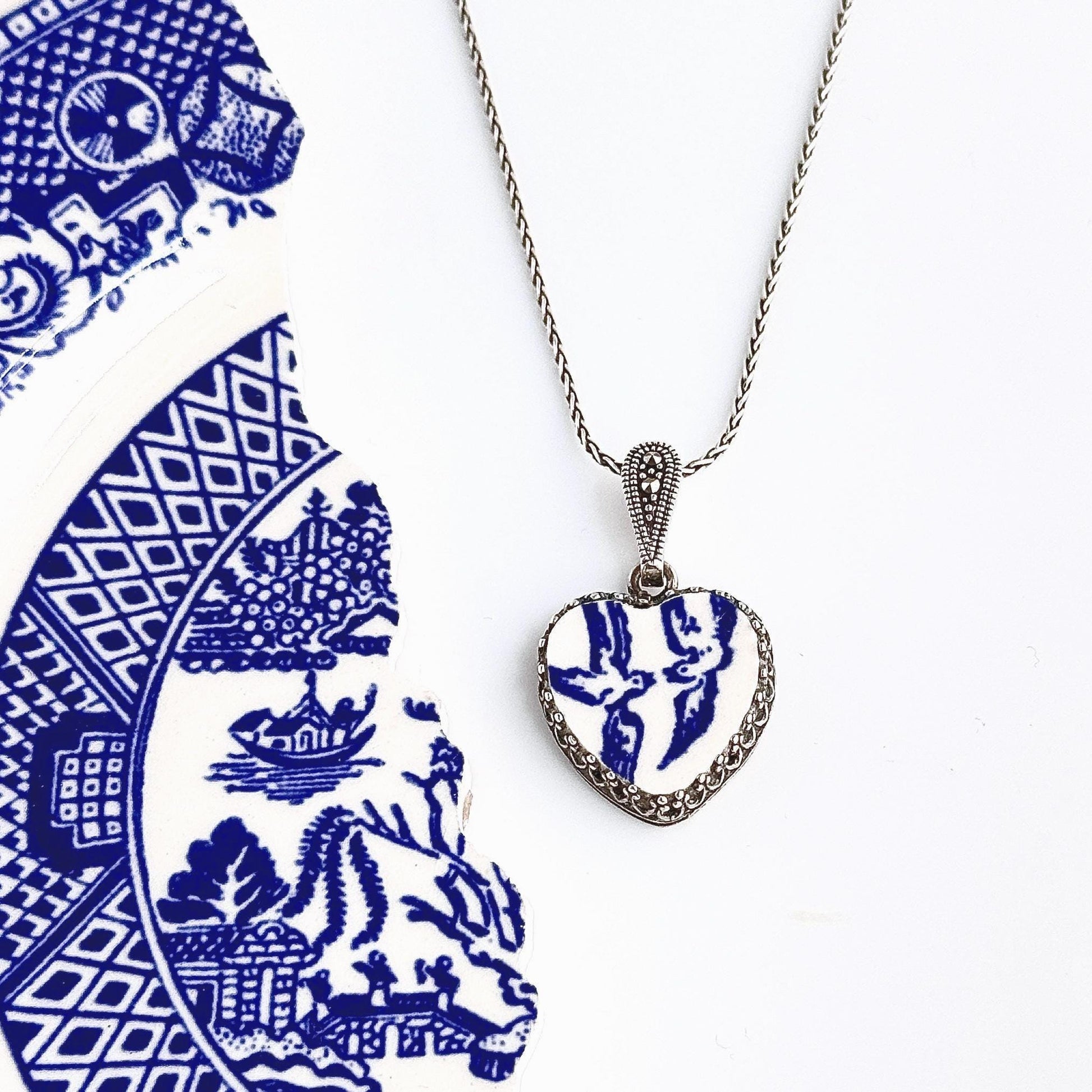Love Birds China Jewelry, 2nd/18th/20th Wedding Anniversary Gift for Wife, Adjustable Heart Necklace, Marcasite Gemstones